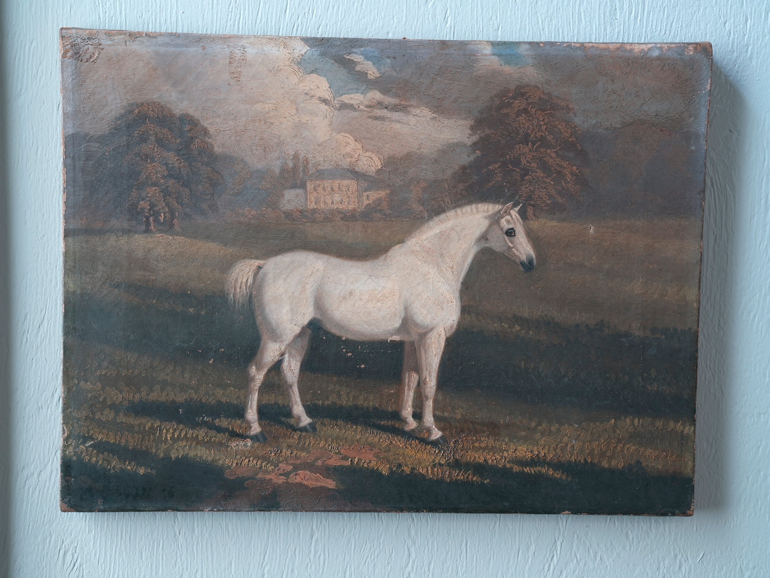An Oil on Canvas of a White Pony in a Landscape