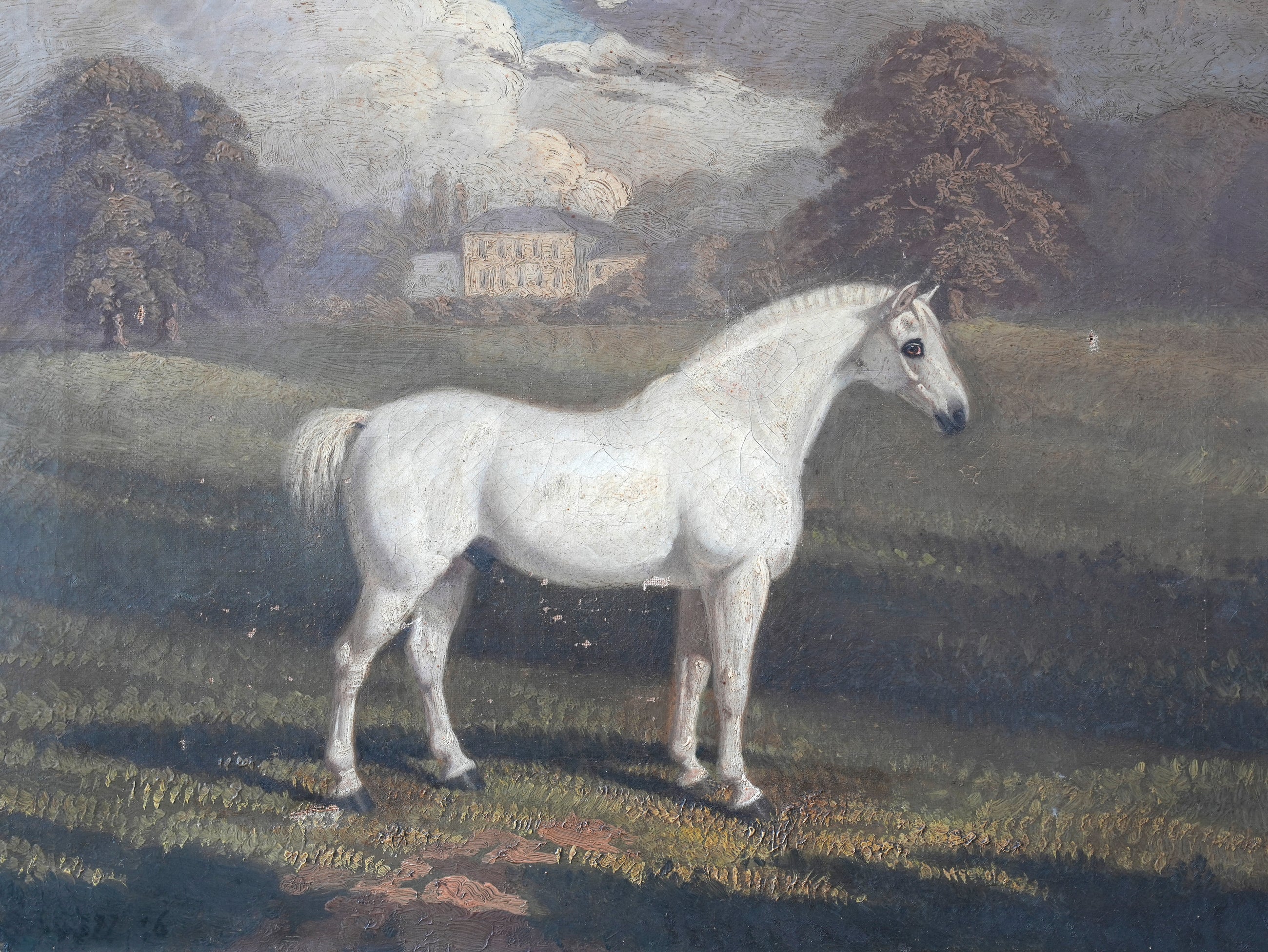 An Oil on Canvas of a White Pony in a Landscape