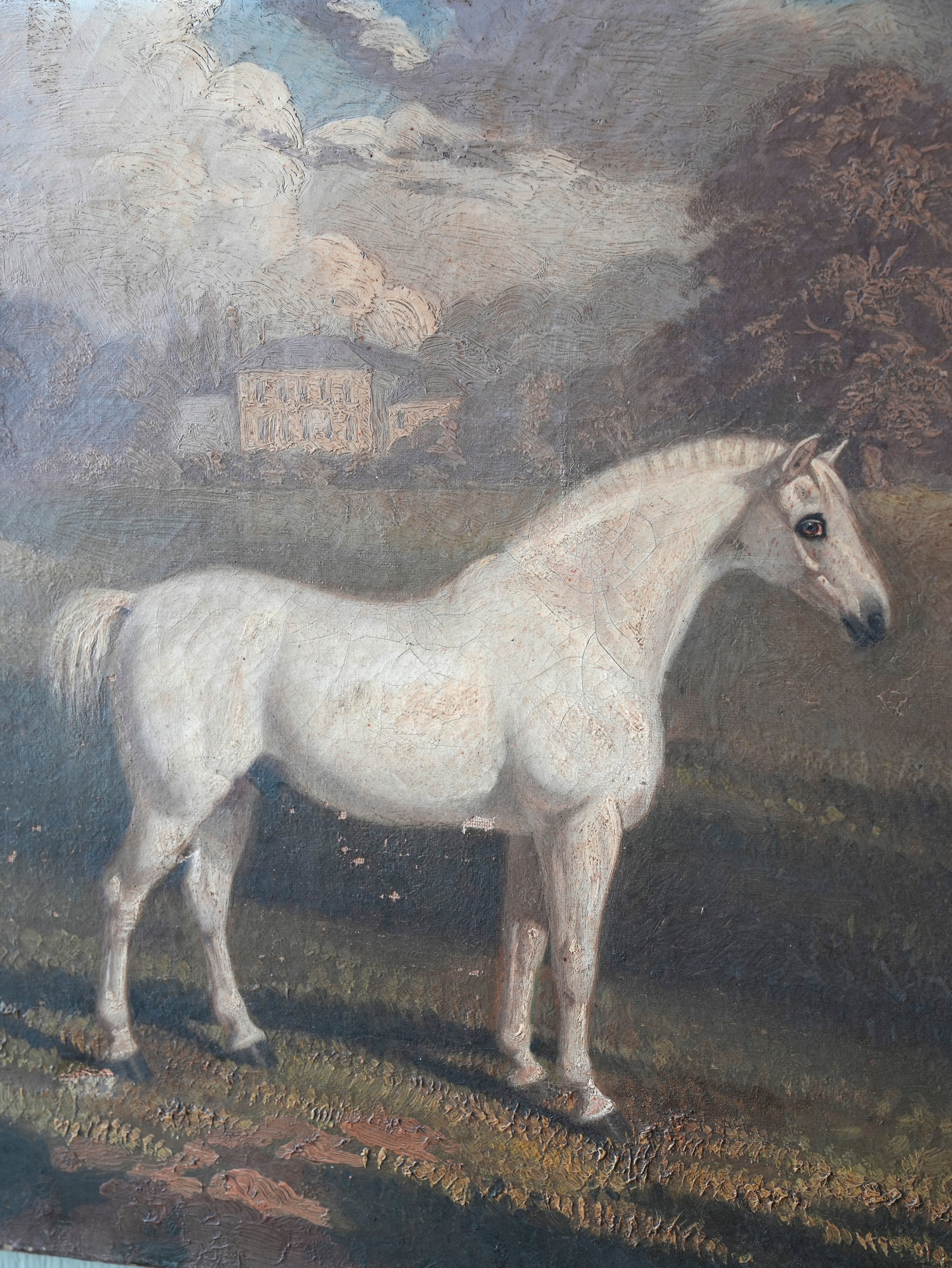 An Oil on Canvas of a White Pony in a Landscape
