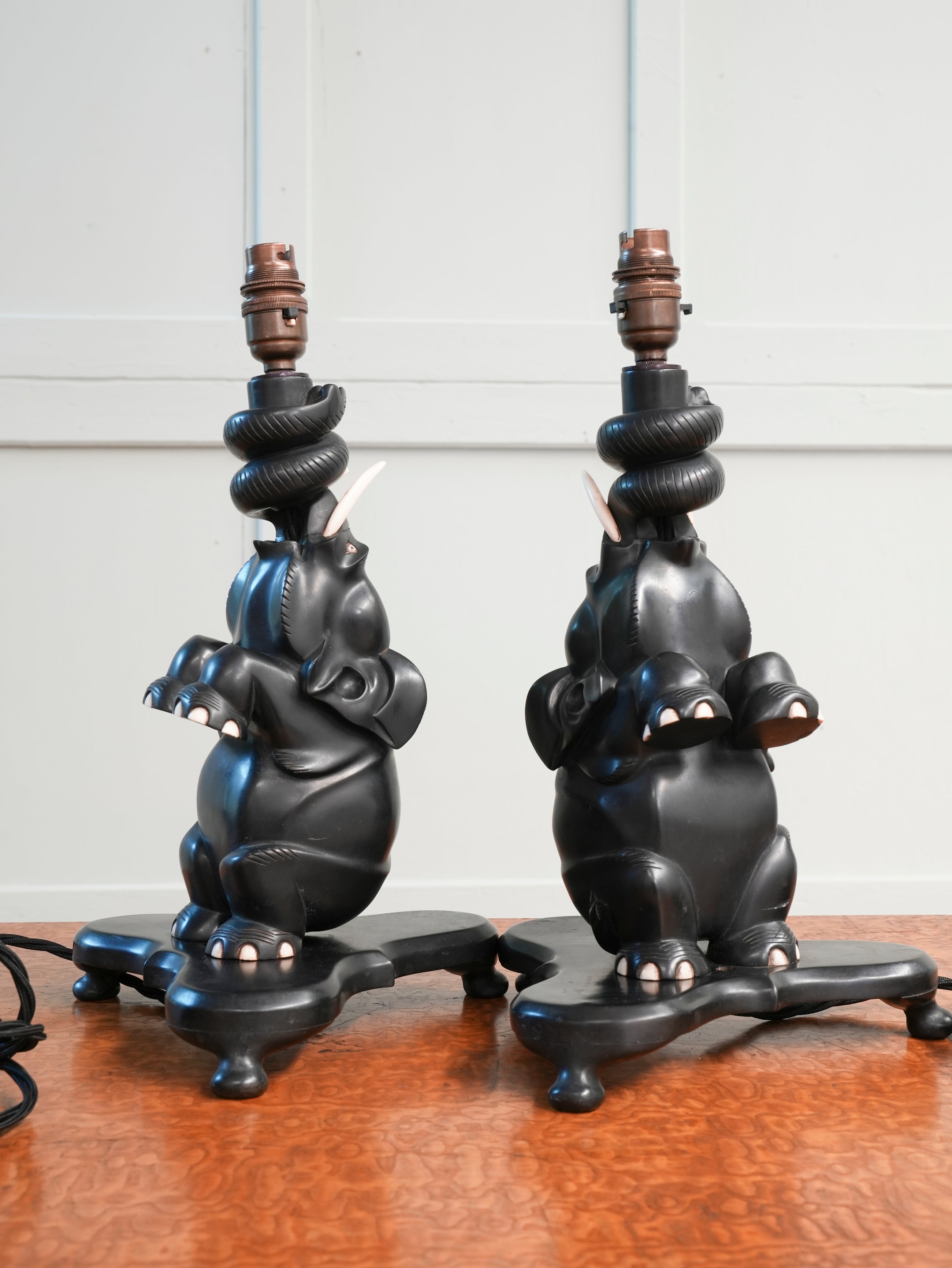 A Pair of Ebony Ceylonese Elephant Table Lights