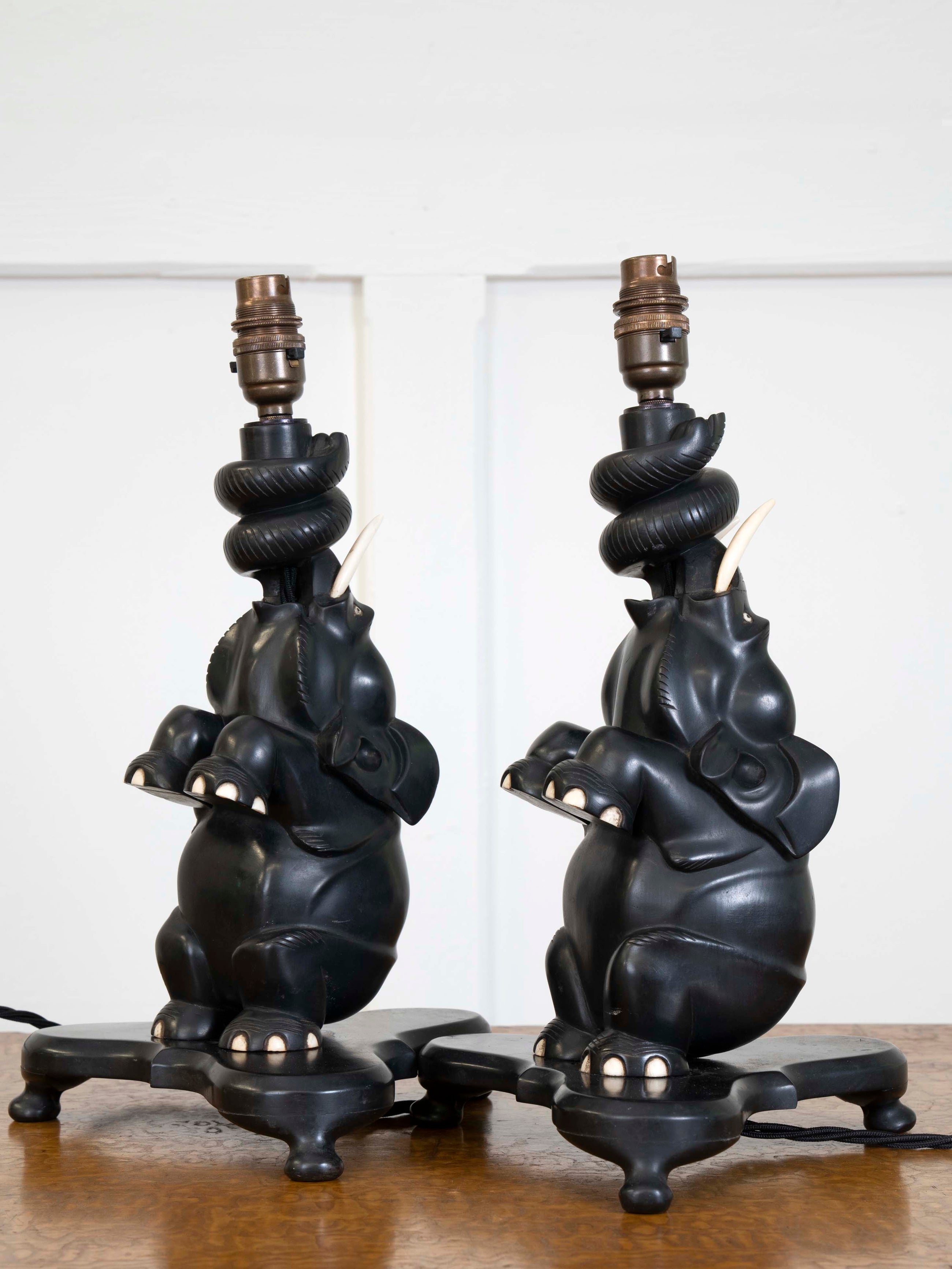 A Pair of Ebony Ceylonese Elephant Table Lights
