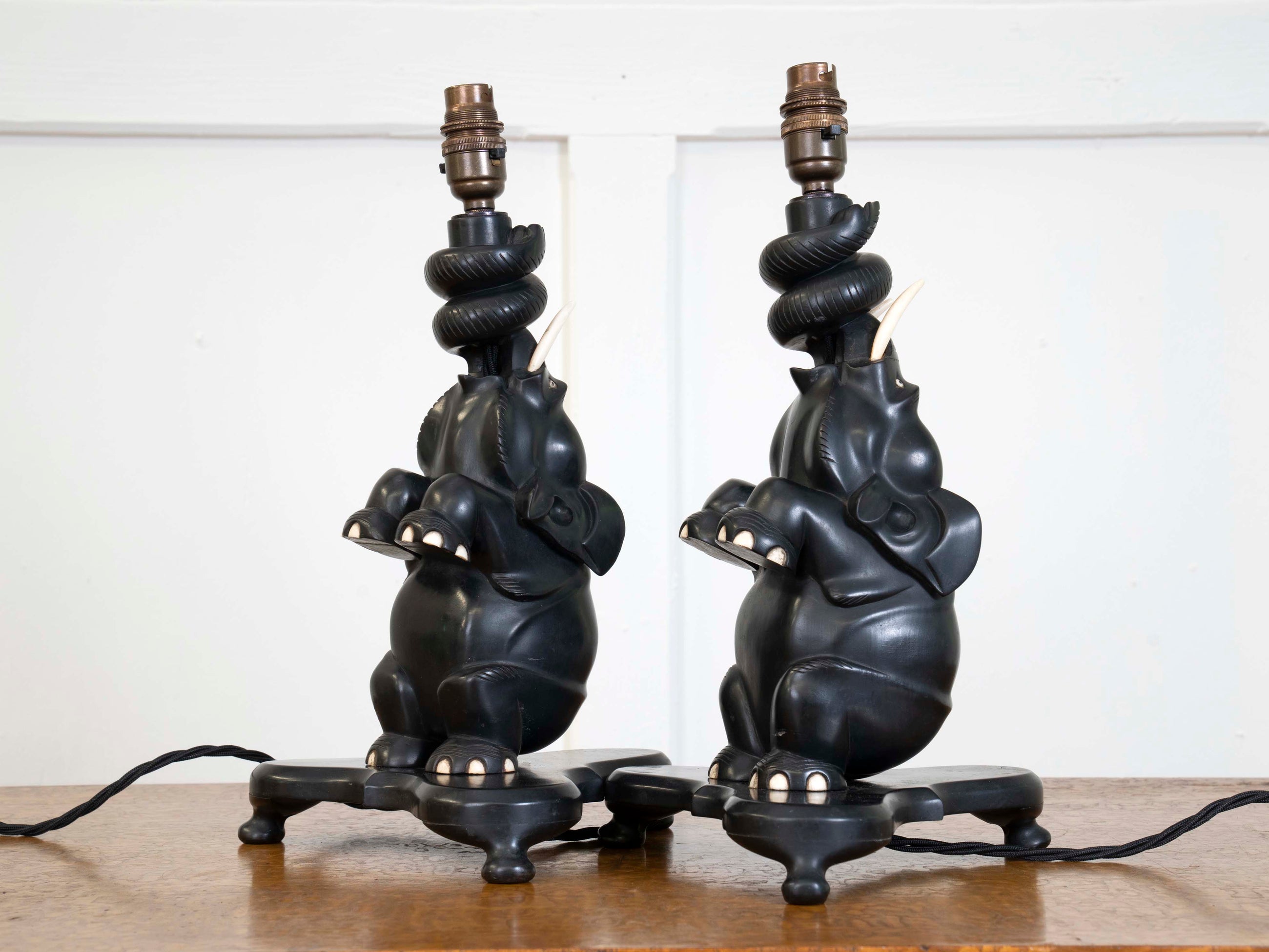 A Pair of Ebony Ceylonese Elephant Table Lights