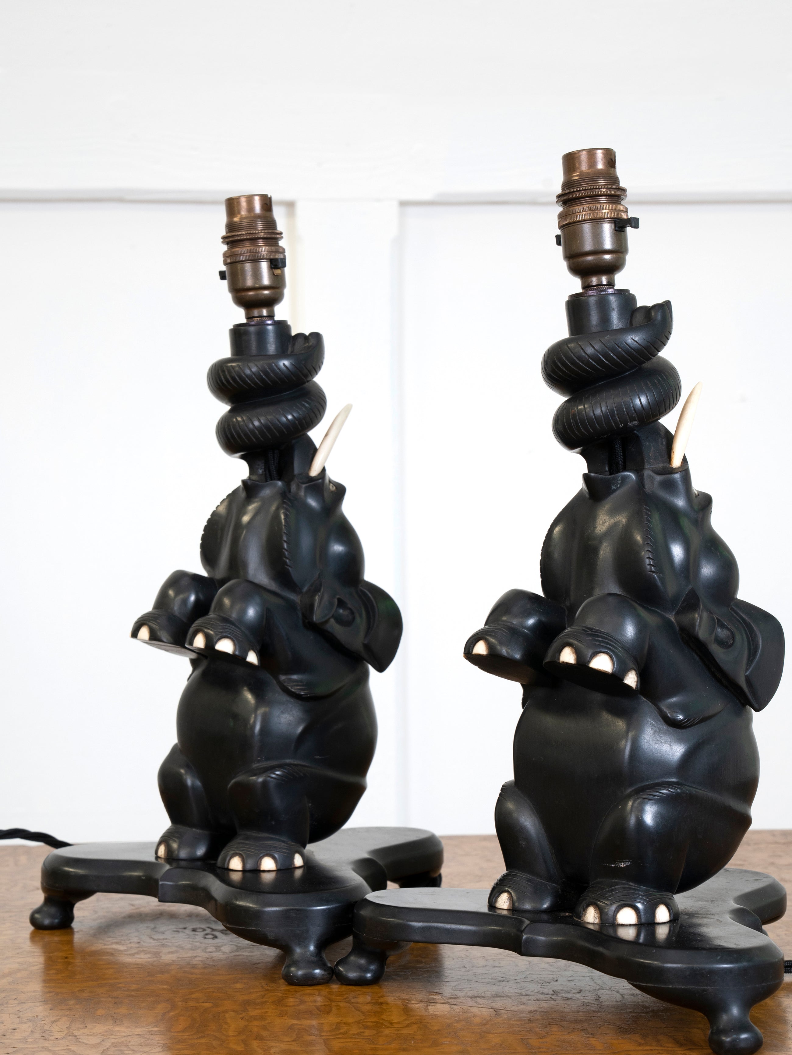 A Pair of Ebony Ceylonese Elephant Table Lights