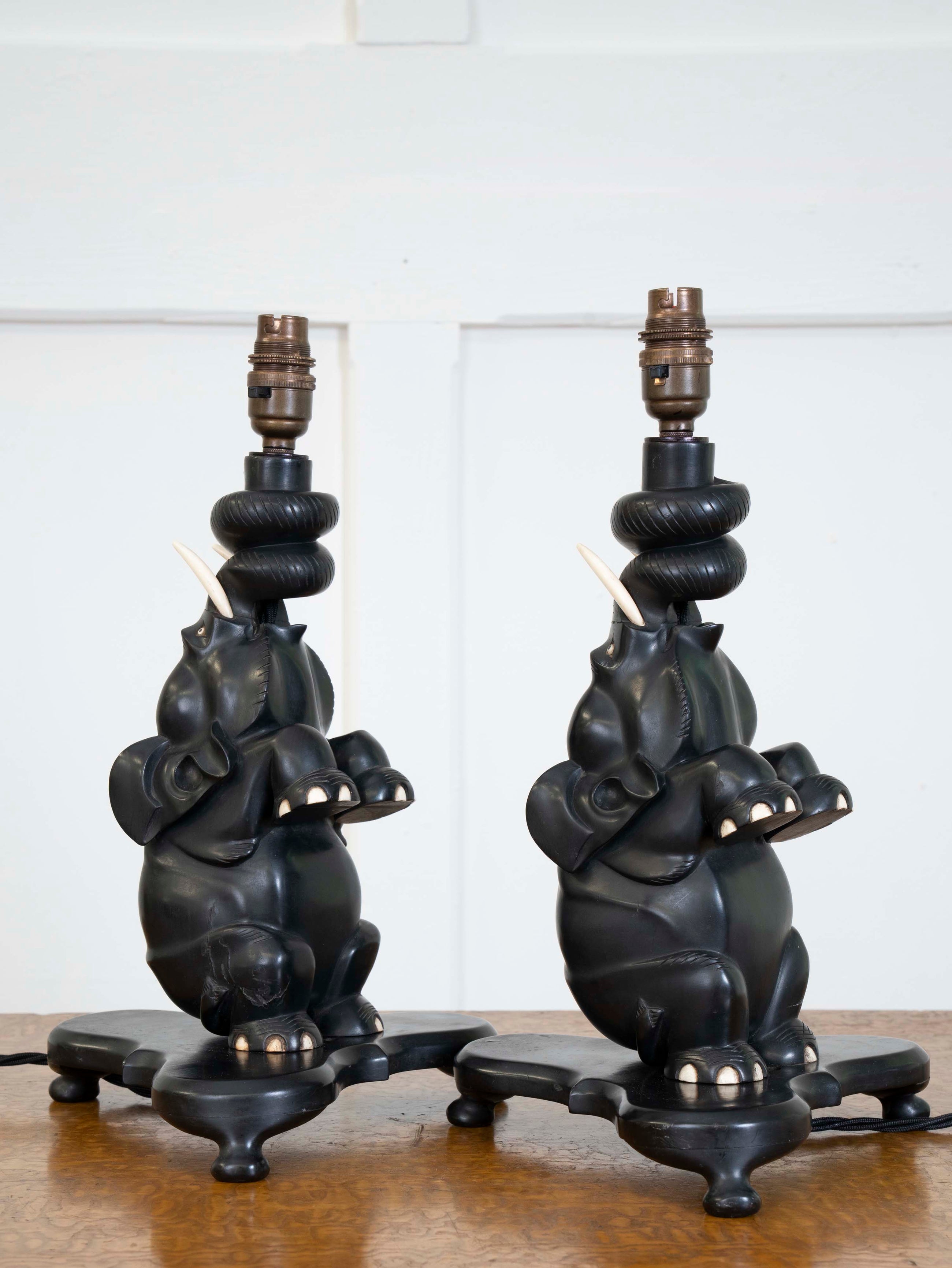 A Pair of Ebony Ceylonese Elephant Table Lights