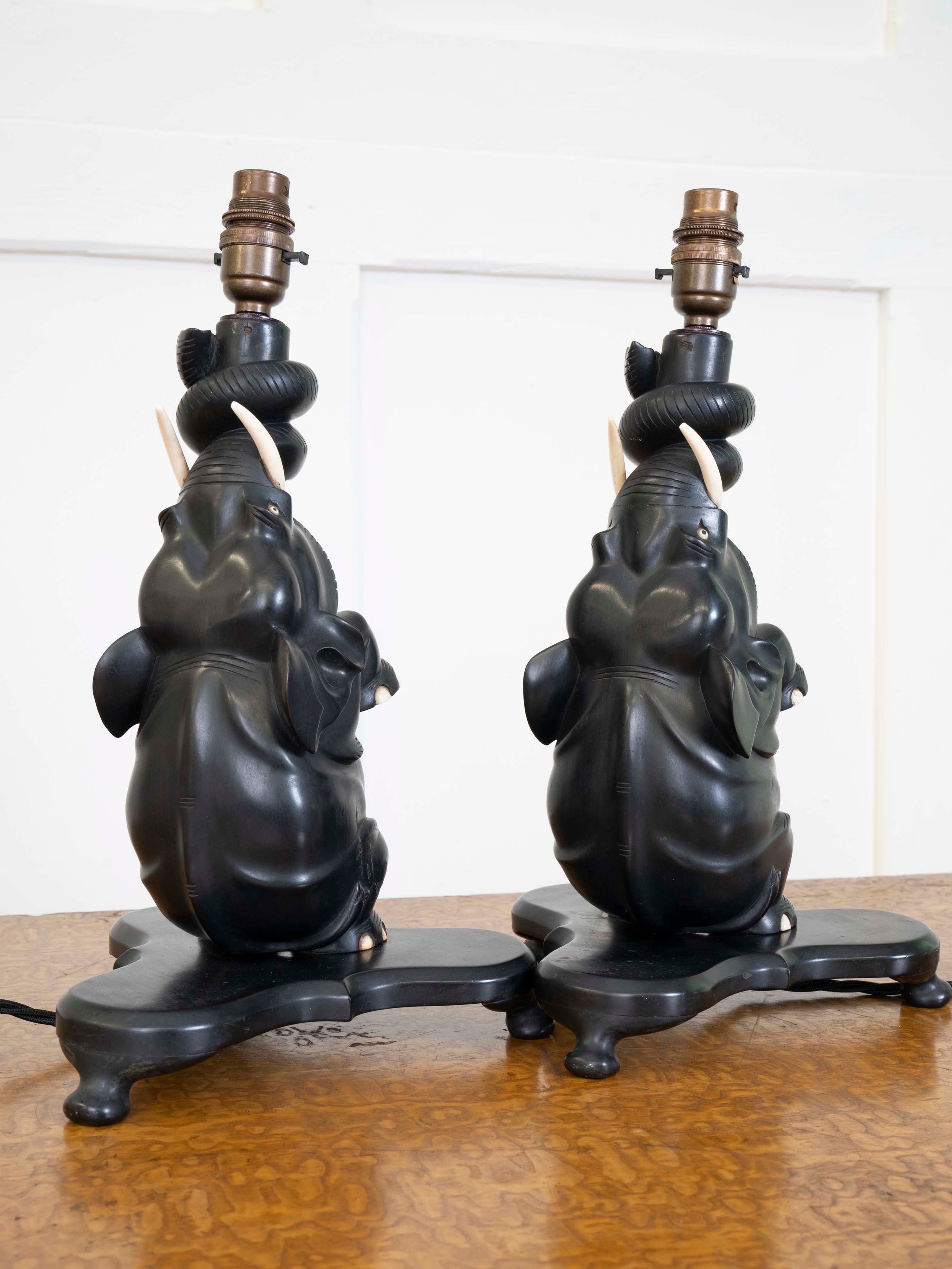 A Pair of Ebony Ceylonese Elephant Table Lights