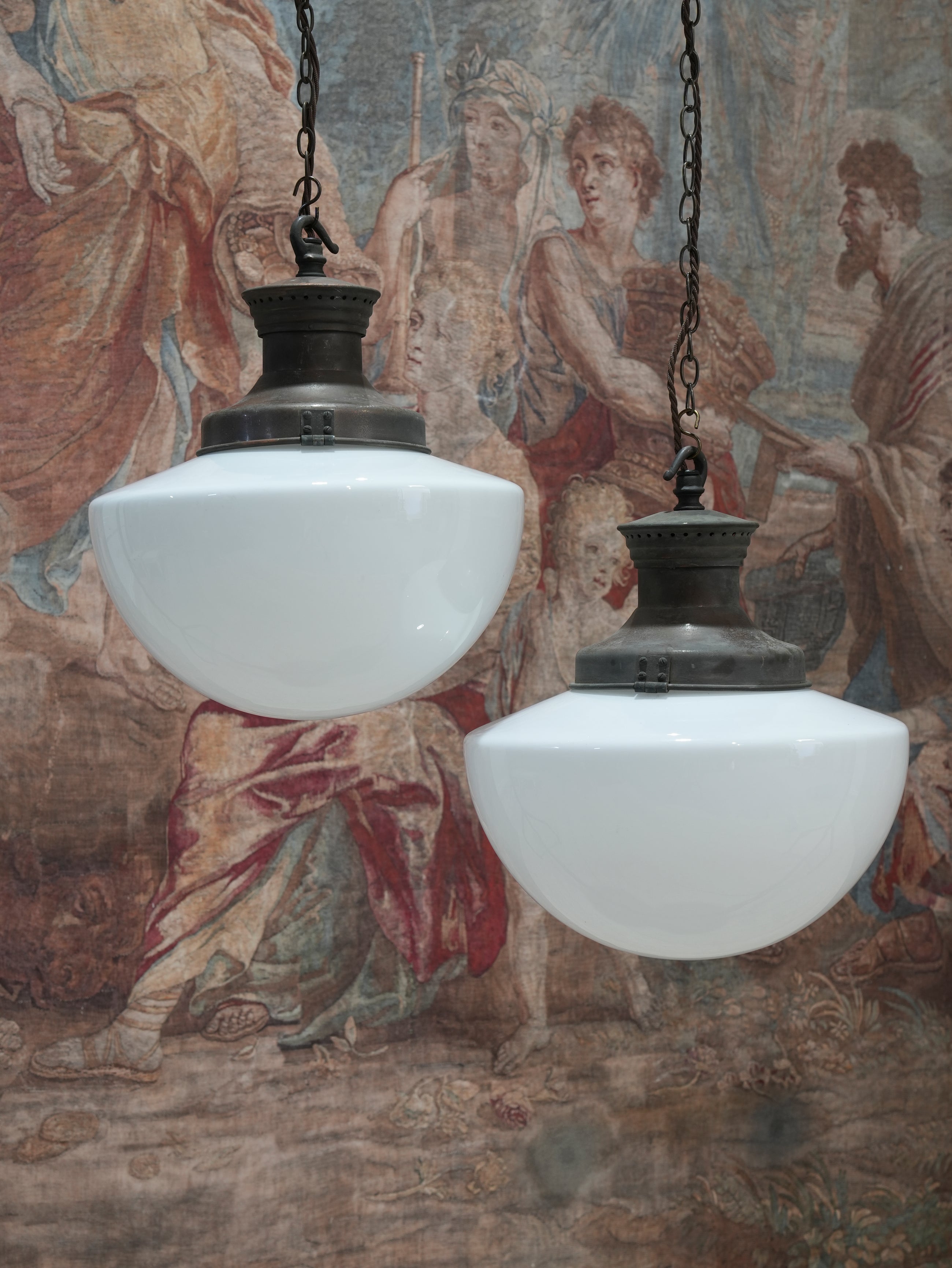 A Pair of Large Opaline Glass Pendant Lights