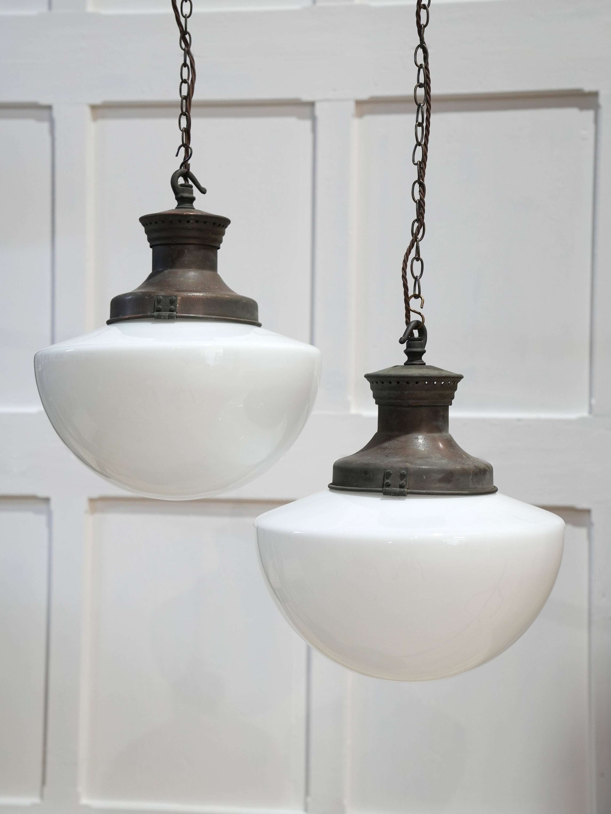 A Pair of Large Opaline Glass Pendant Lights