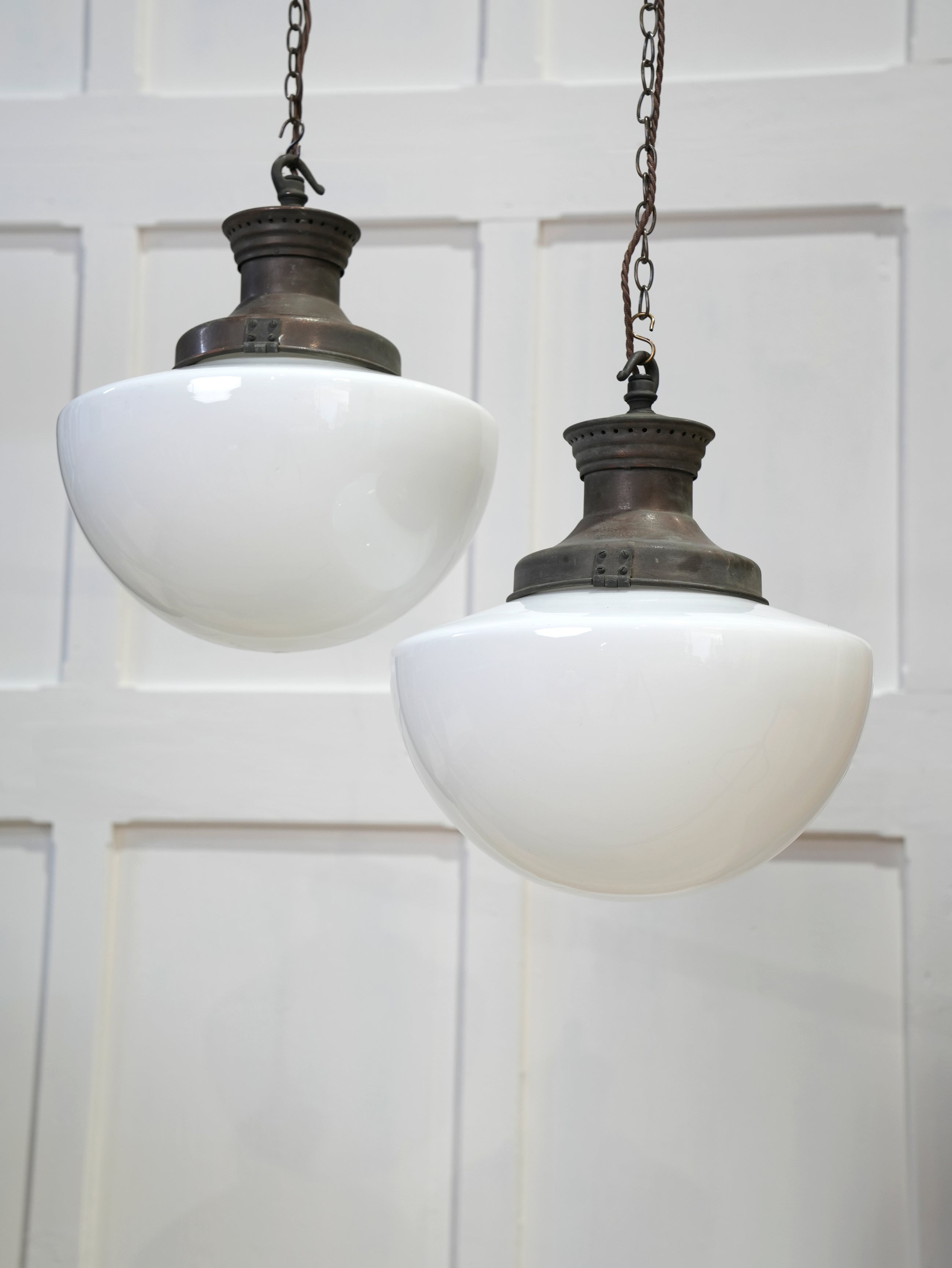 A Pair of Large Opaline Glass Pendant Lights