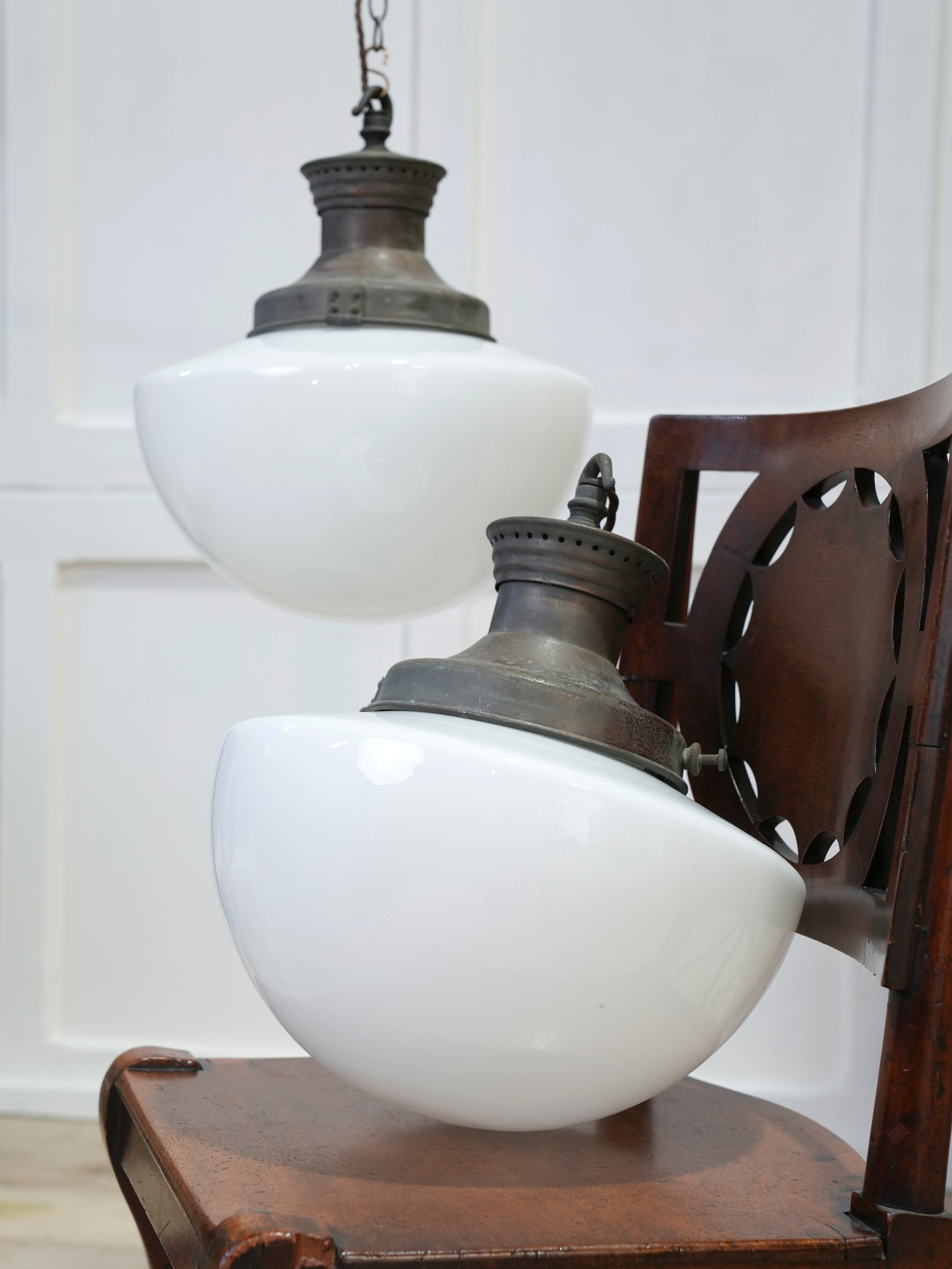 A Pair of Large Opaline Glass Pendant Lights