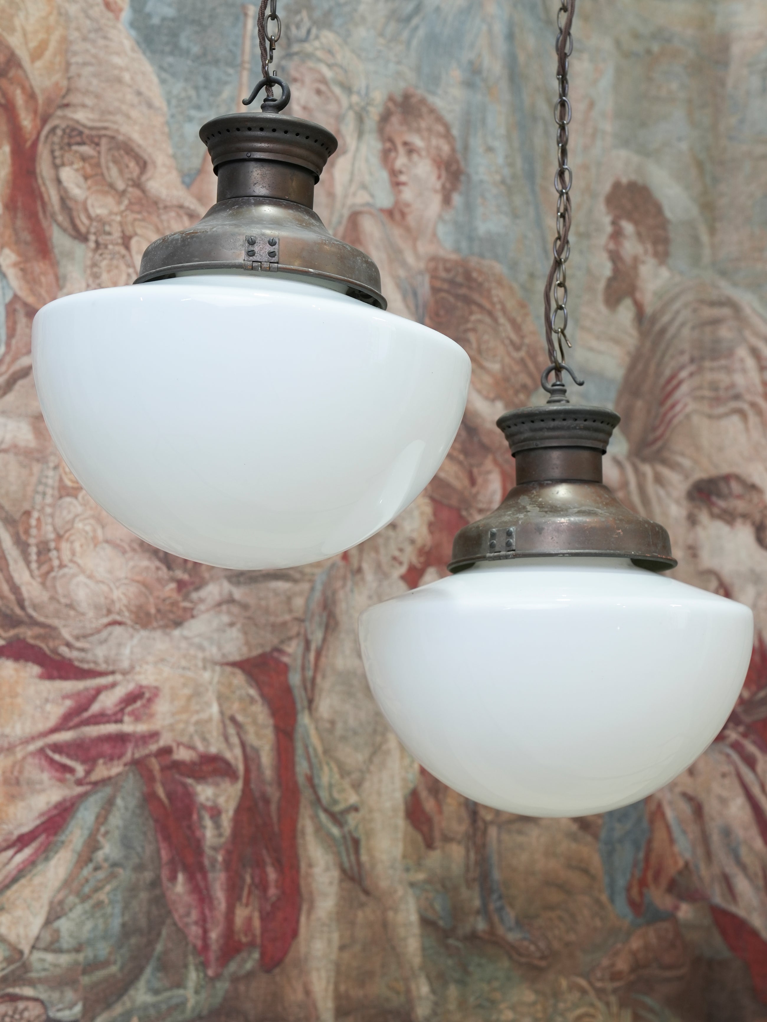A Pair of Half Round Opaline Pendant Lights