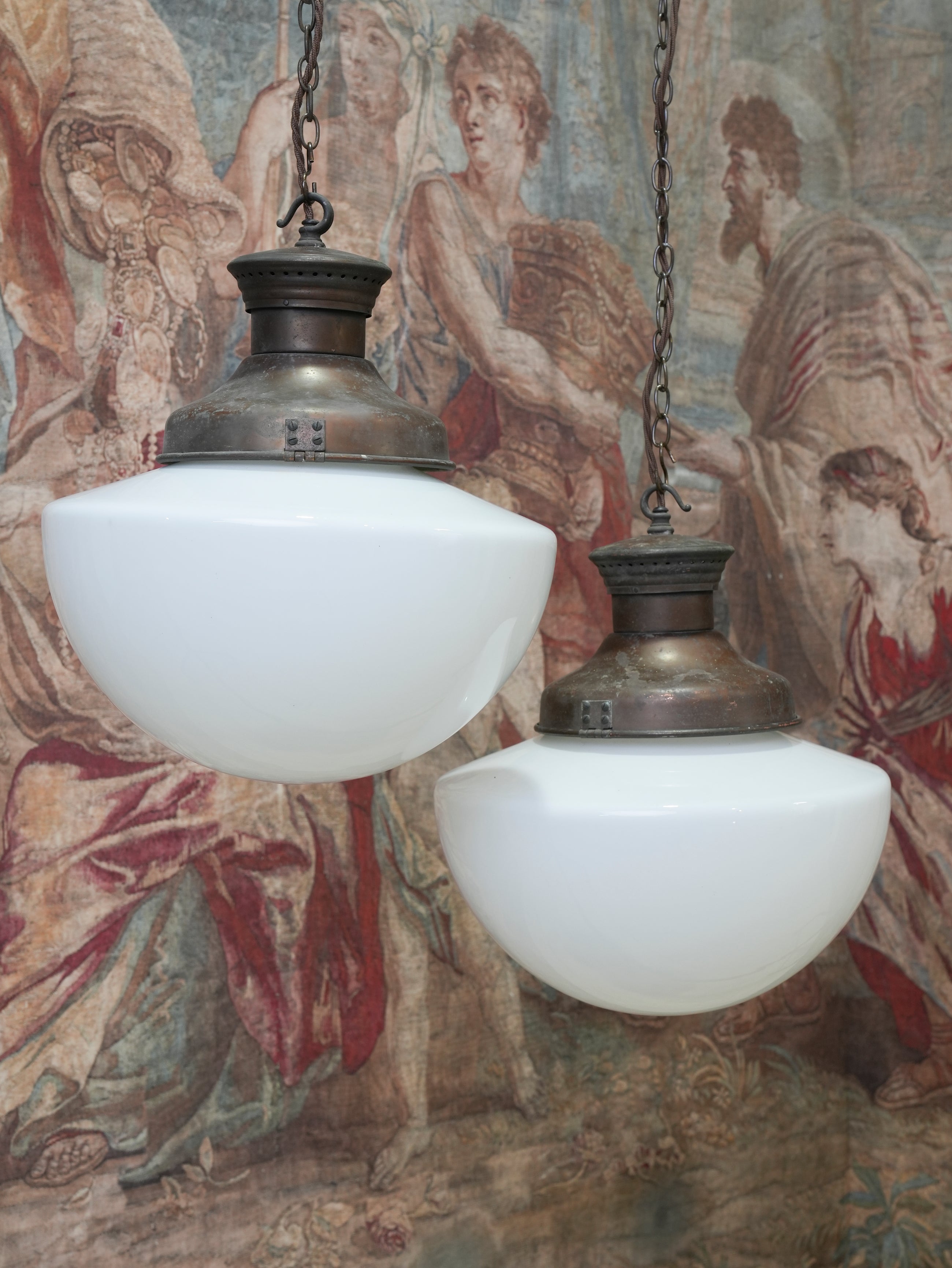 A Pair of Half Round Opaline Pendant Lights