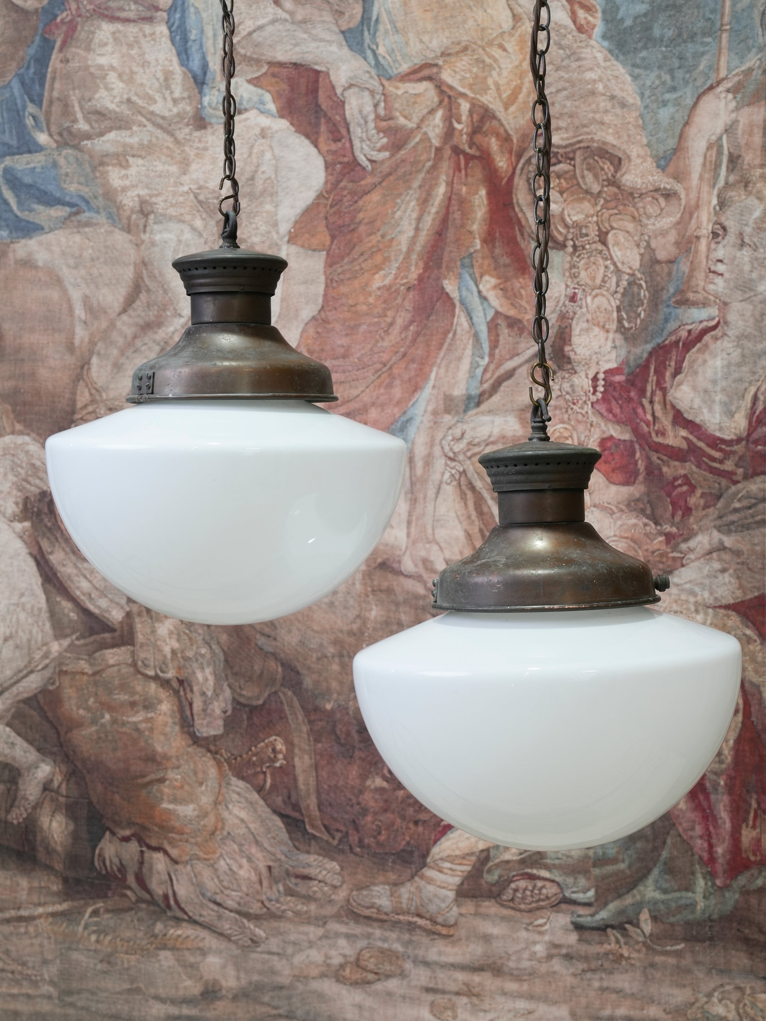 A Pair of Half Round Opaline Pendant Lights
