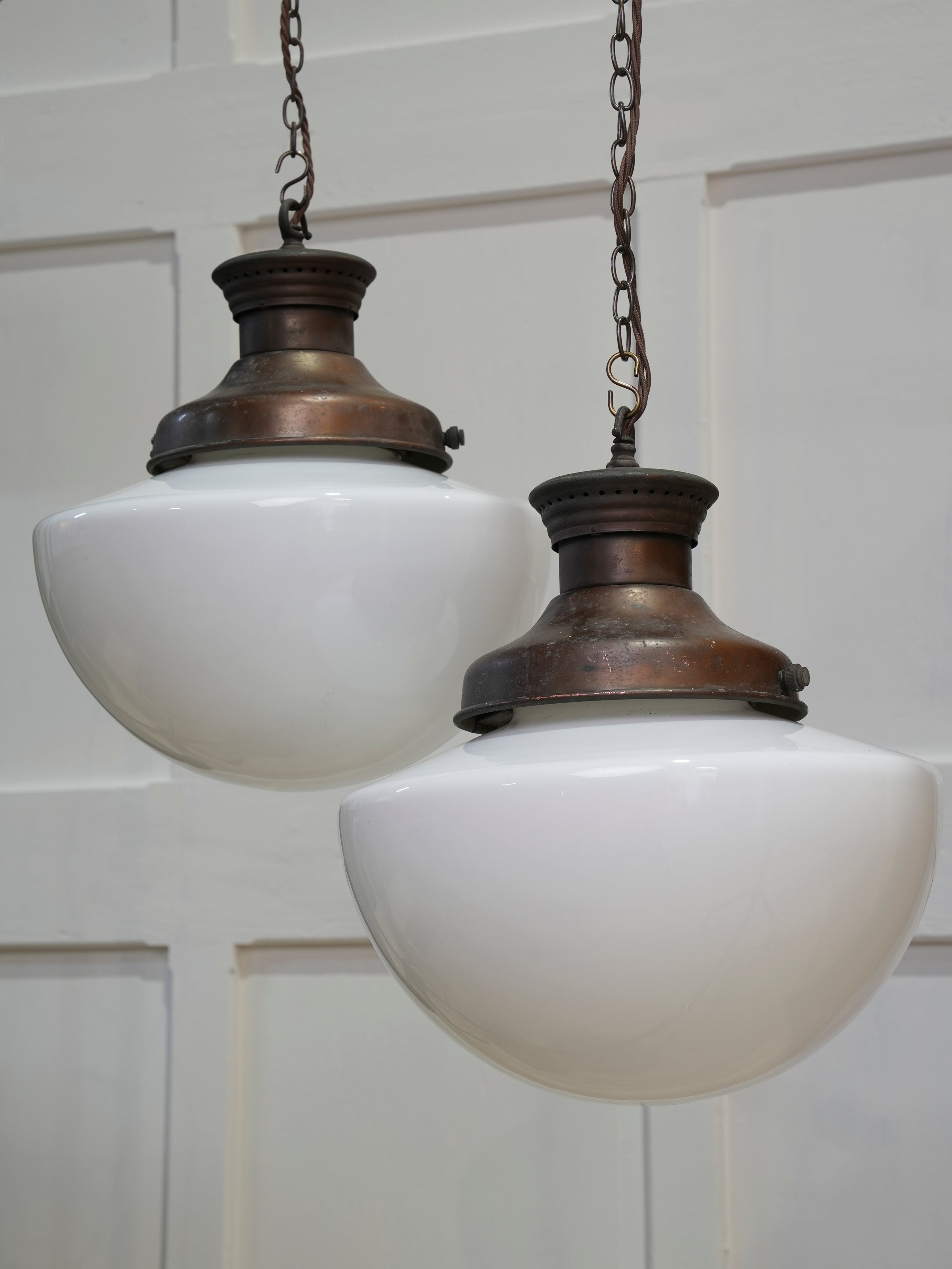 A Pair of Half Round Opaline Pendant Lights