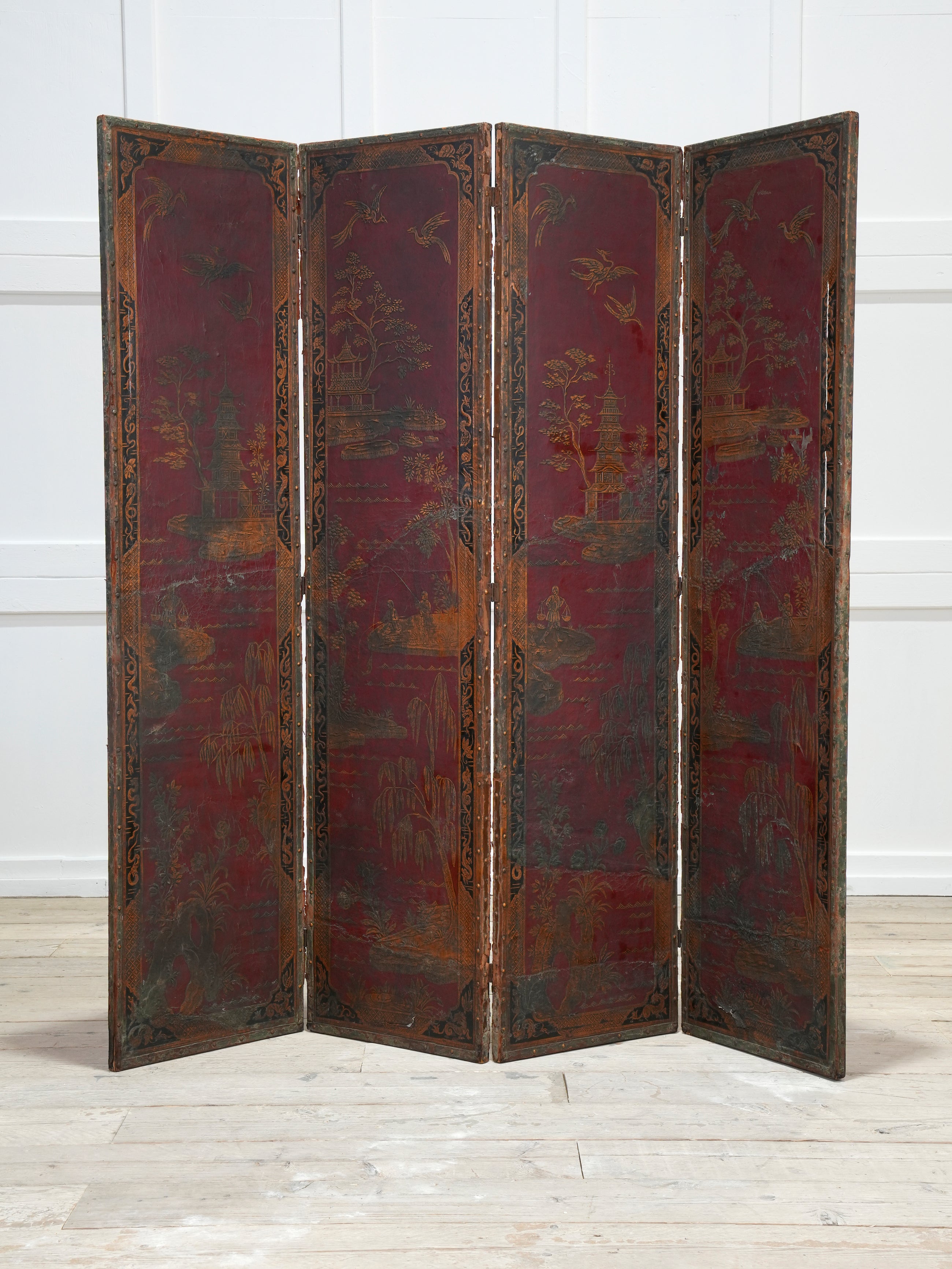 A 19th Century Leather Chinoiserie Room Screen