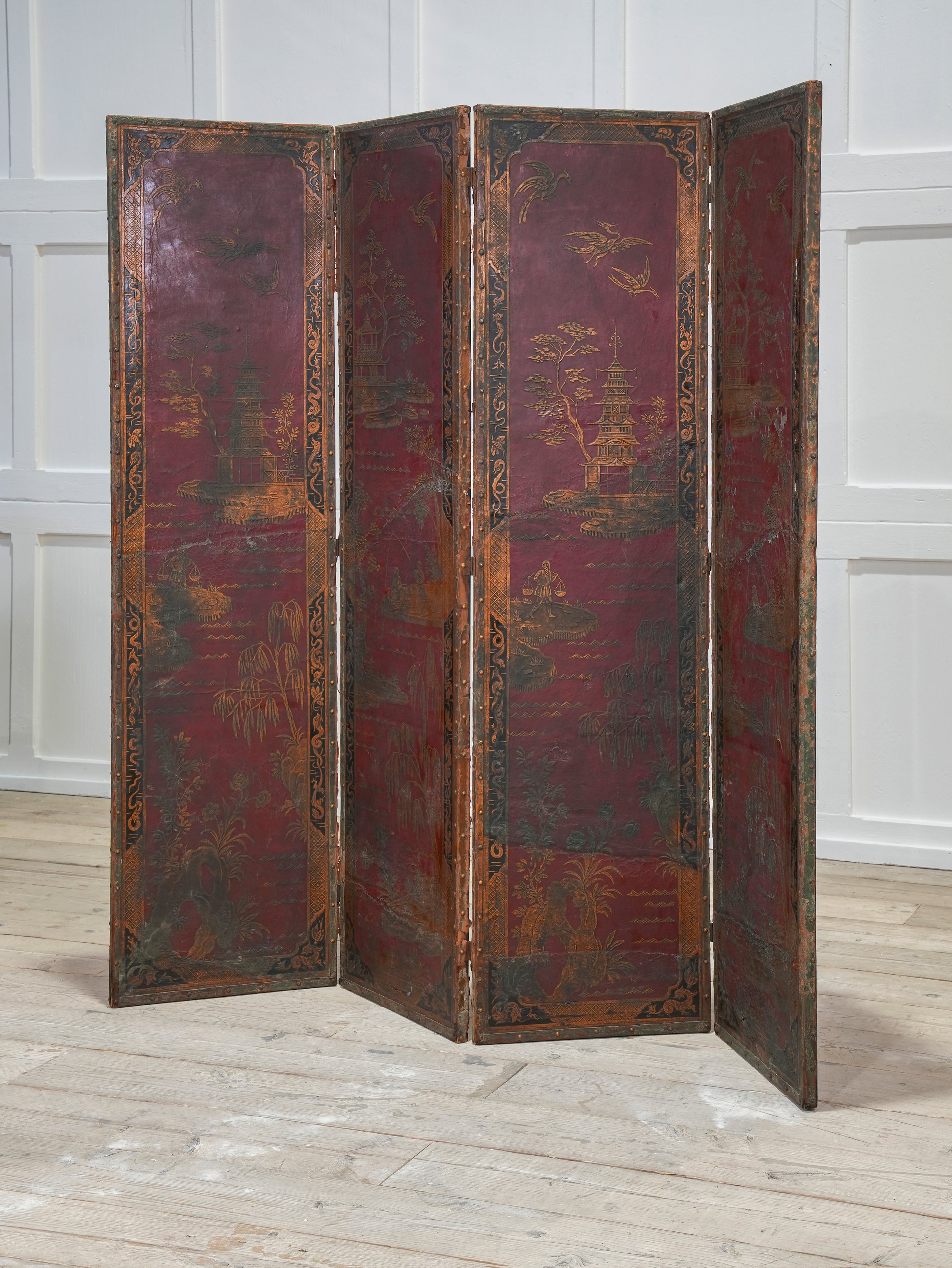 A 19th Century Leather Chinoiserie Room Screen