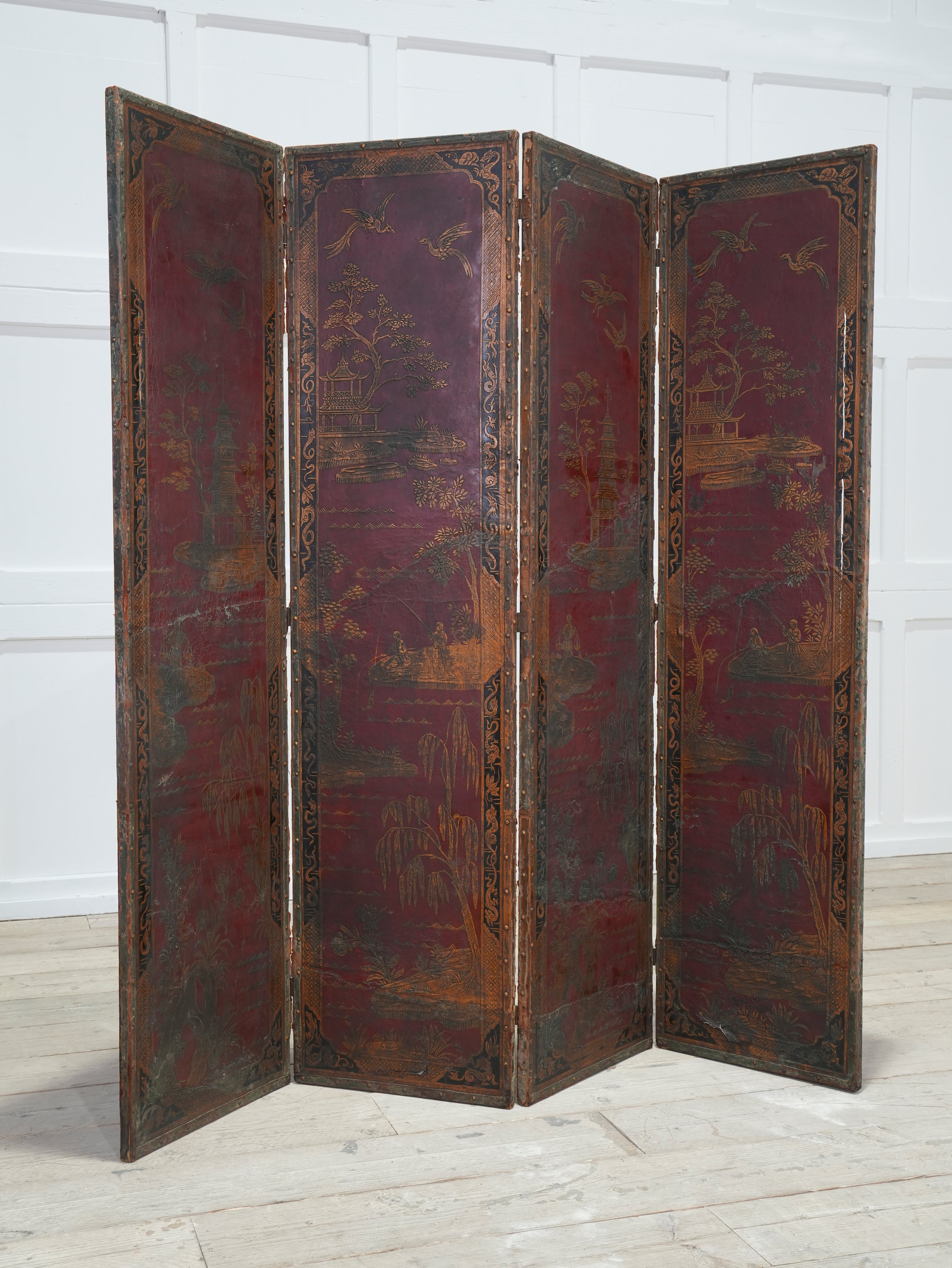 A 19th Century Leather Chinoiserie Room Screen