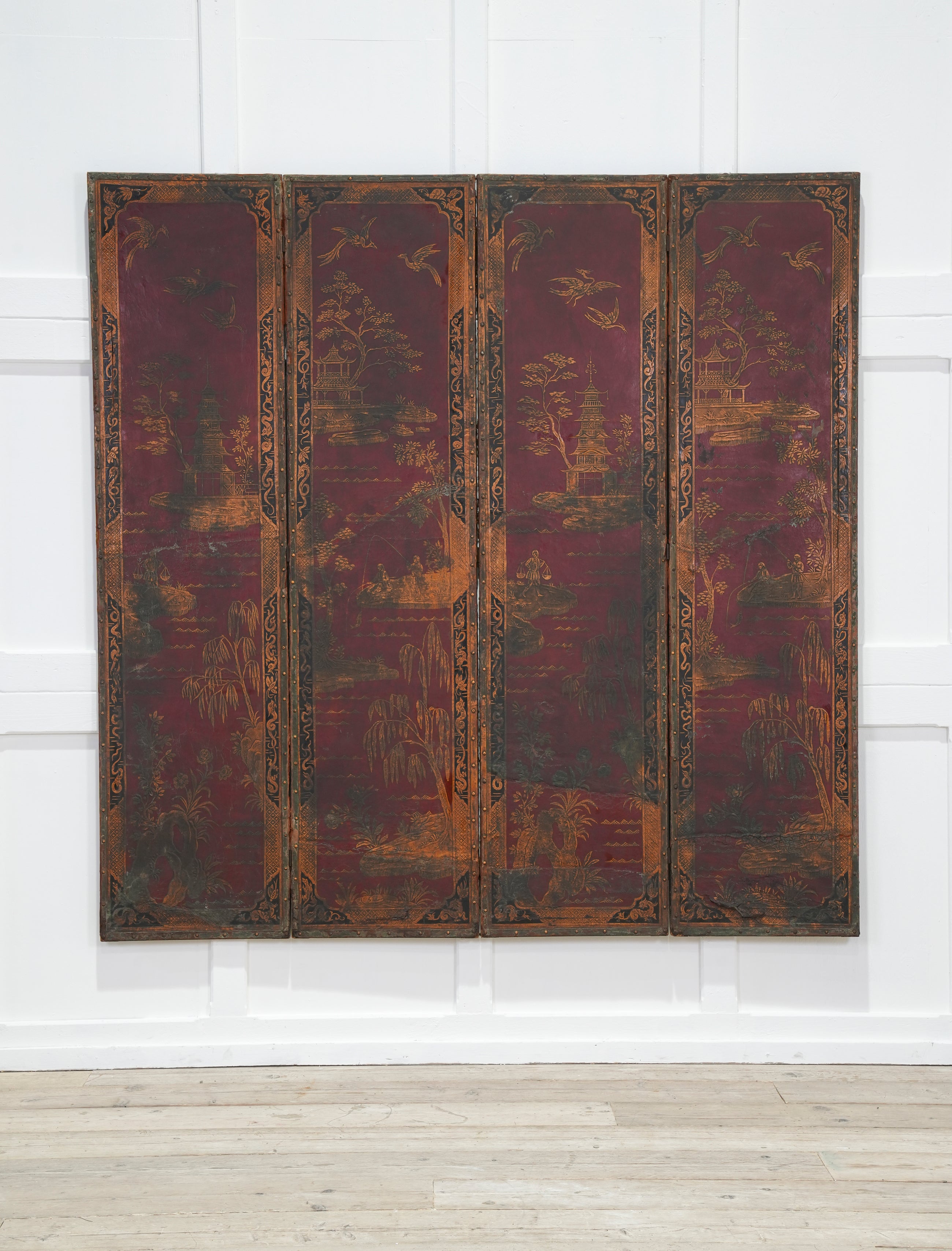 A 19th Century Leather Chinoiserie Room Screen