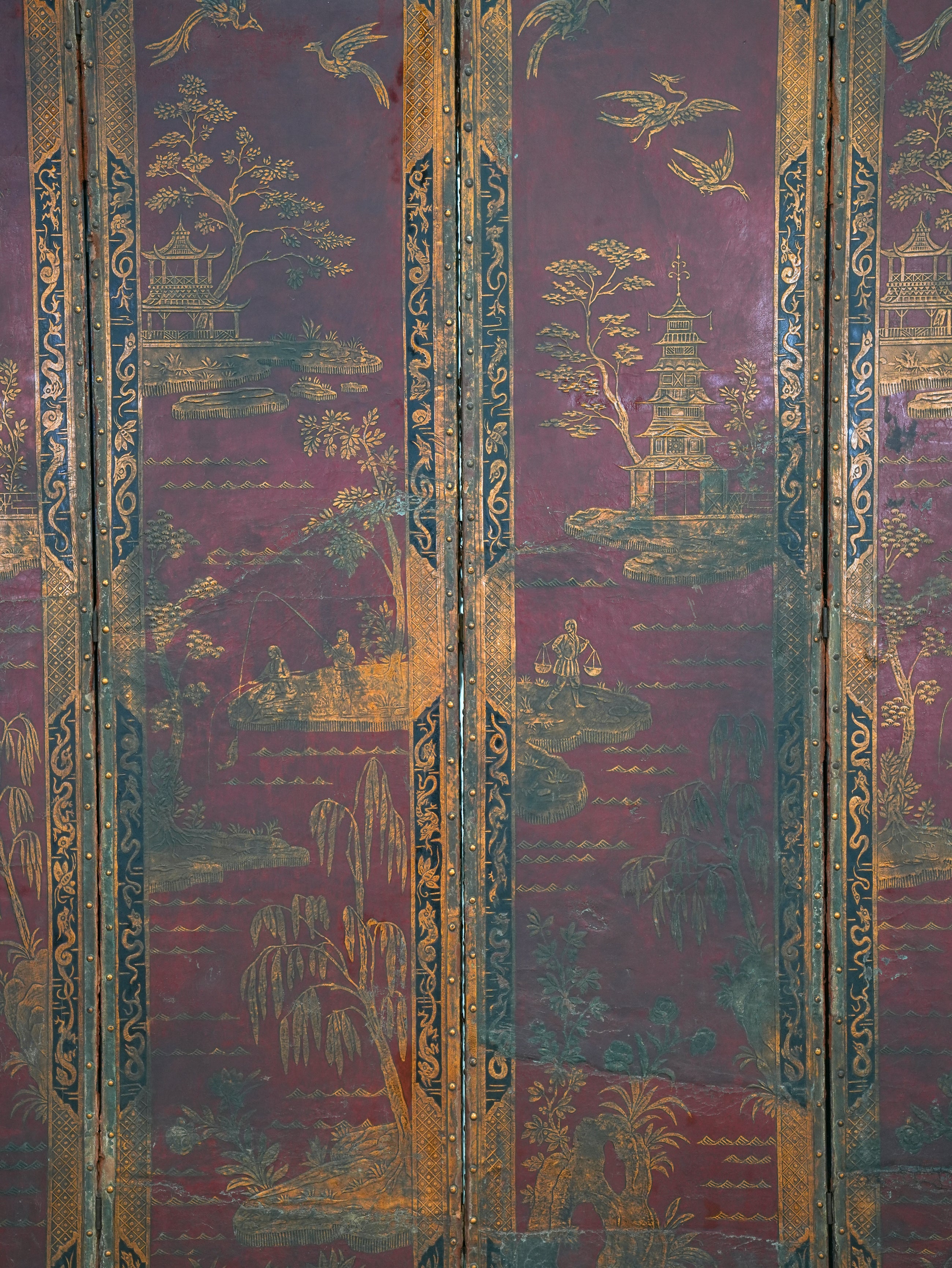 A 19th Century Leather Chinoiserie Room Screen