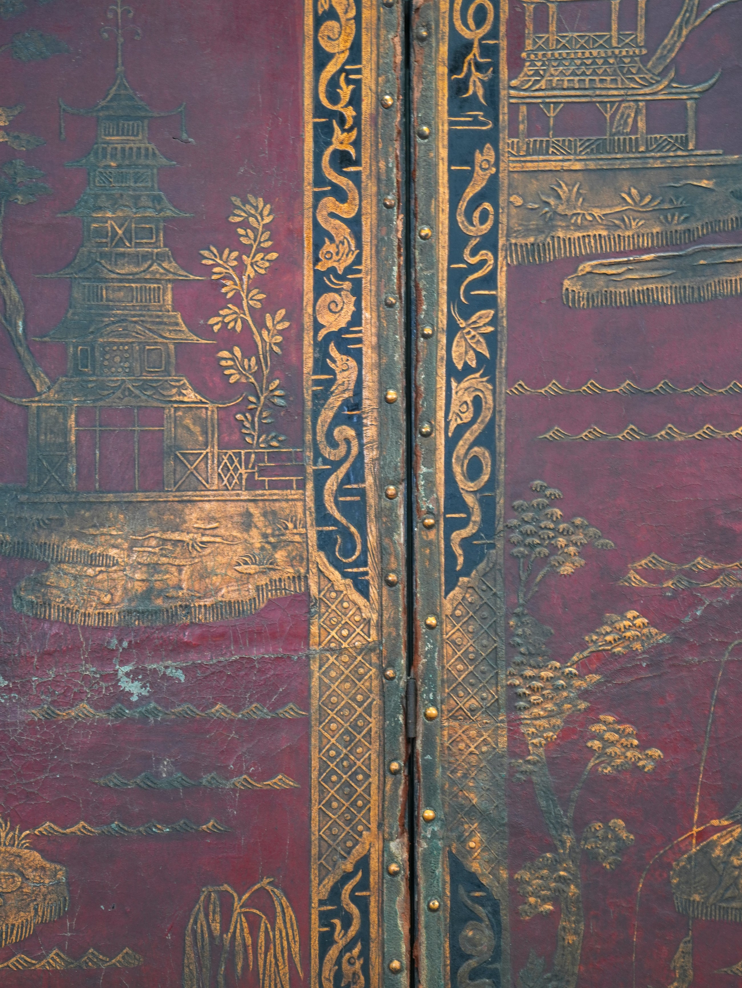 A 19th Century Leather Chinoiserie Room Screen