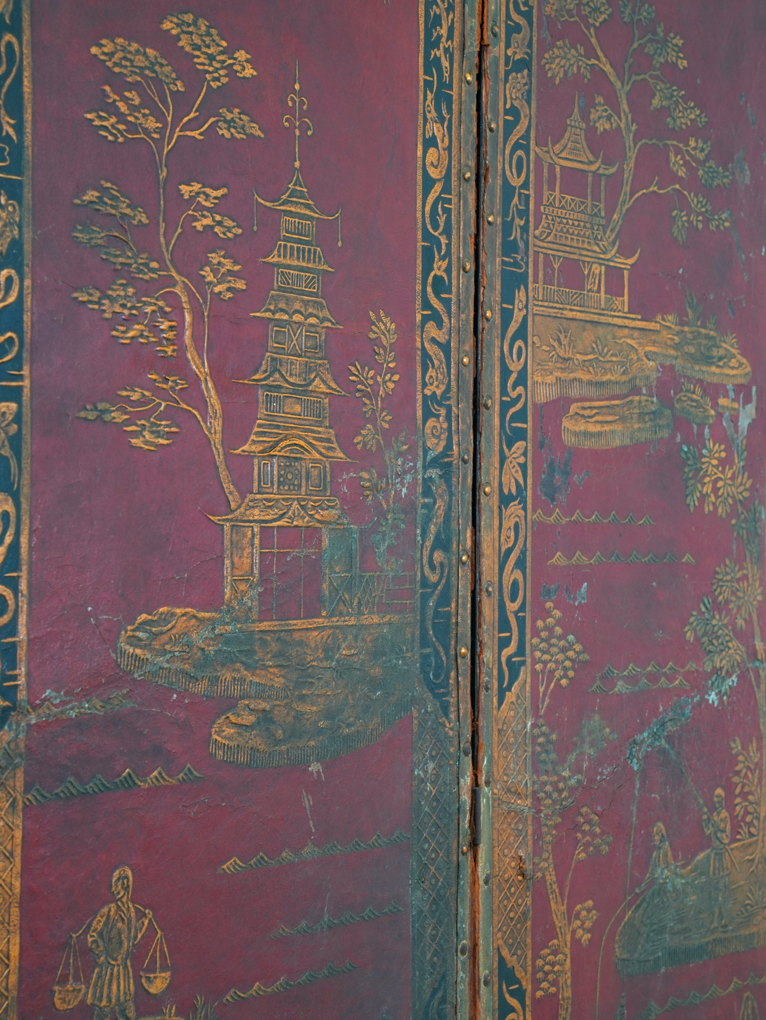 A 19th Century Leather Chinoiserie Room Screen