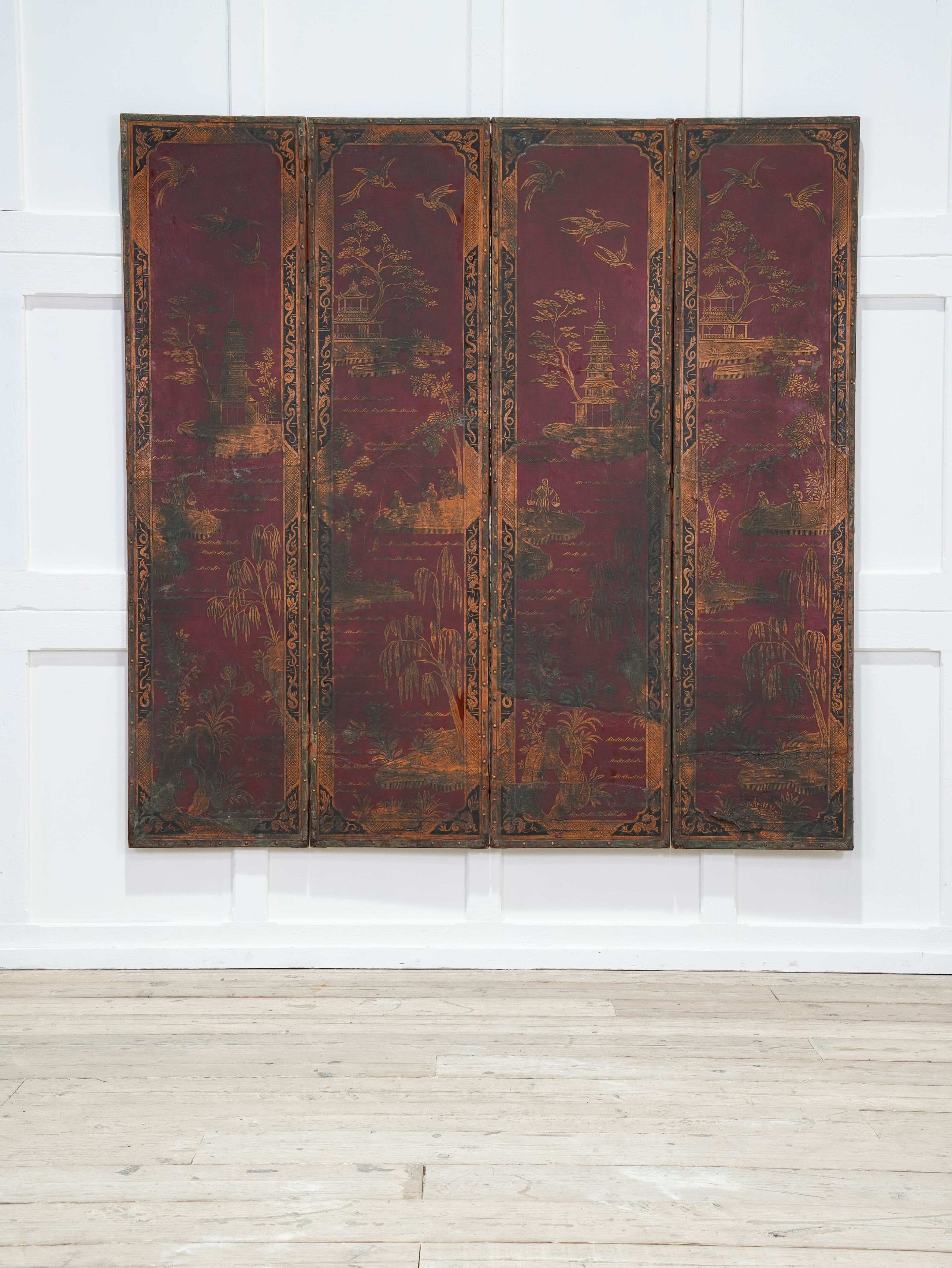 A 19th Century Leather Chinoiserie Room Screen