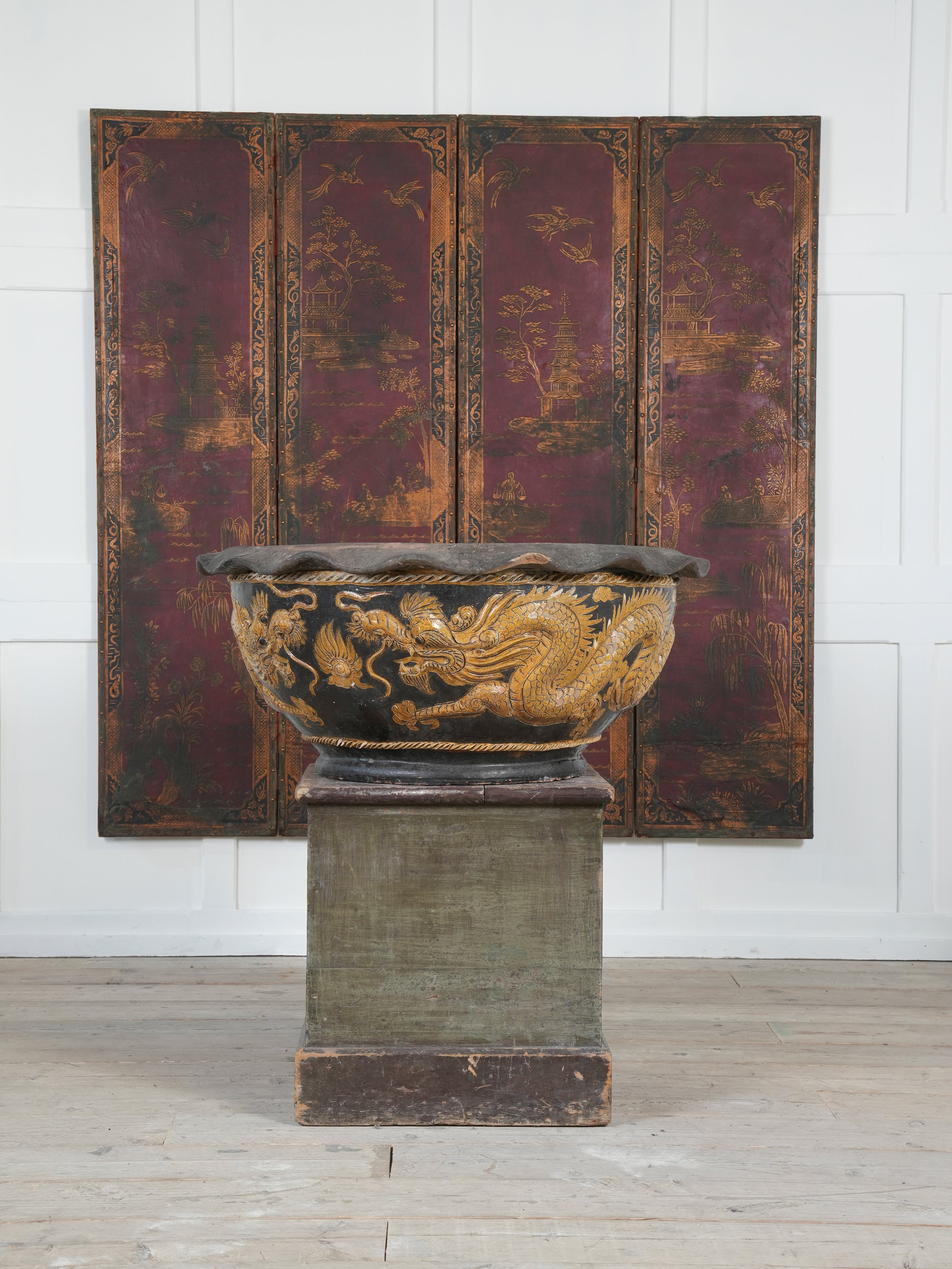 A 19th Century Leather Chinoiserie Room Screen