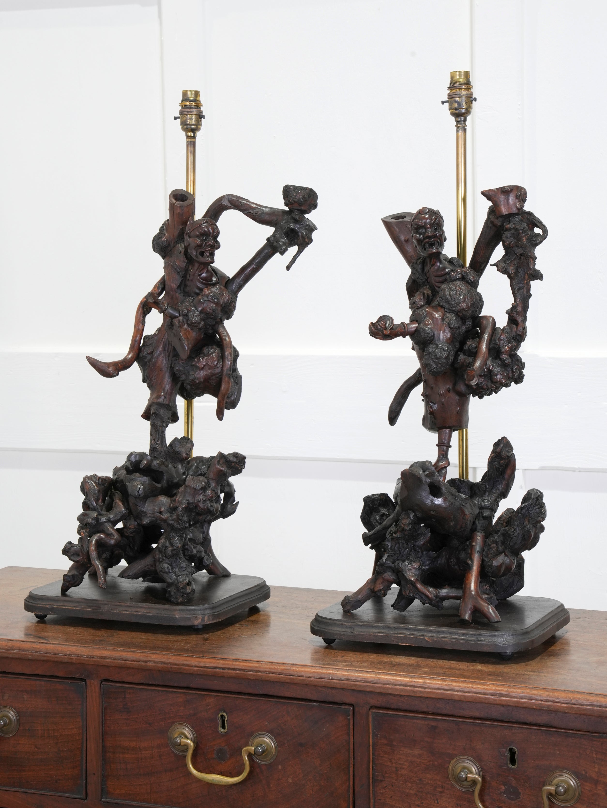A Pair of Carved Chinese Vine Root Table Lamps