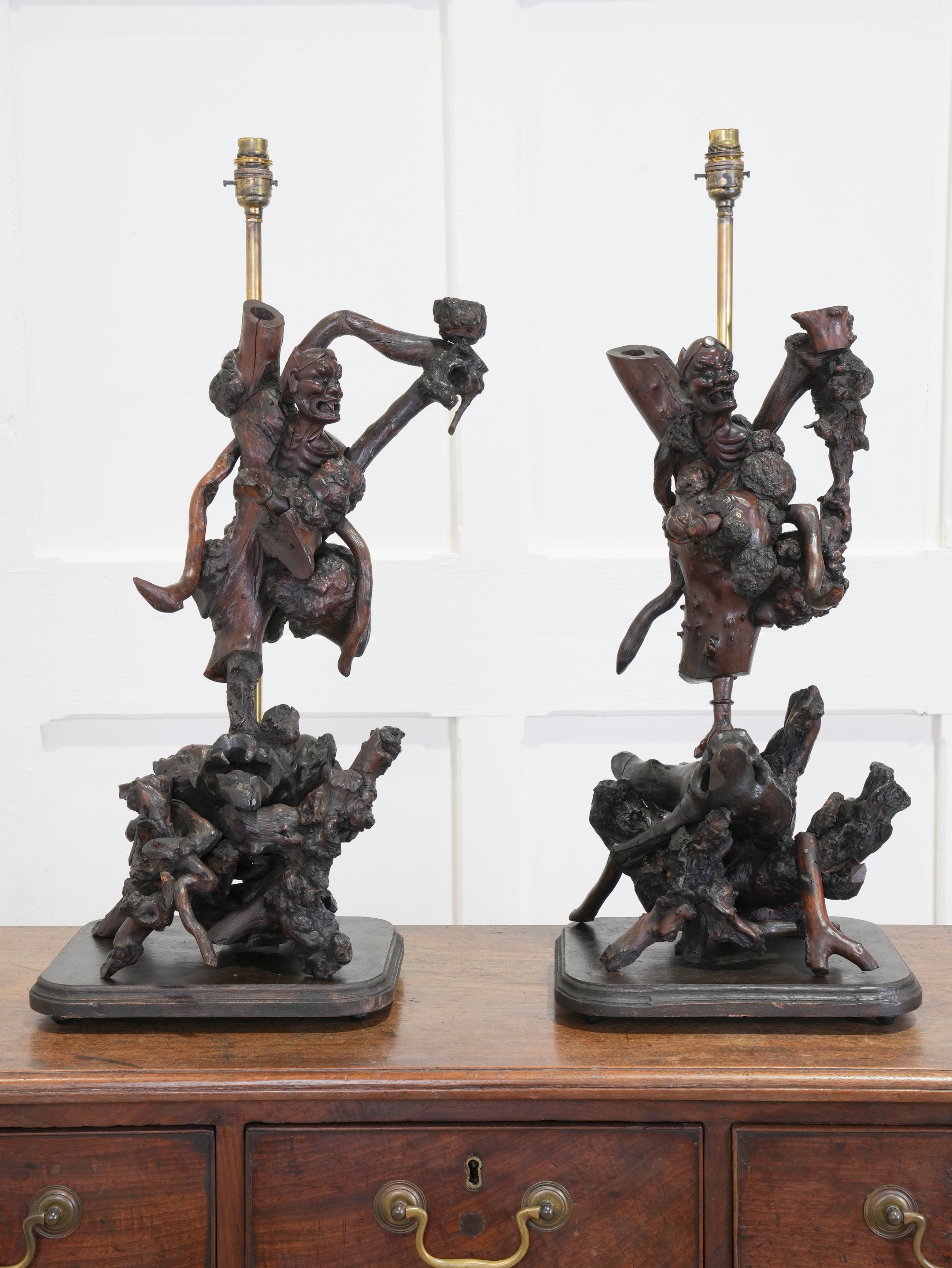 A Pair of Carved Chinese Vine Root Table Lamps