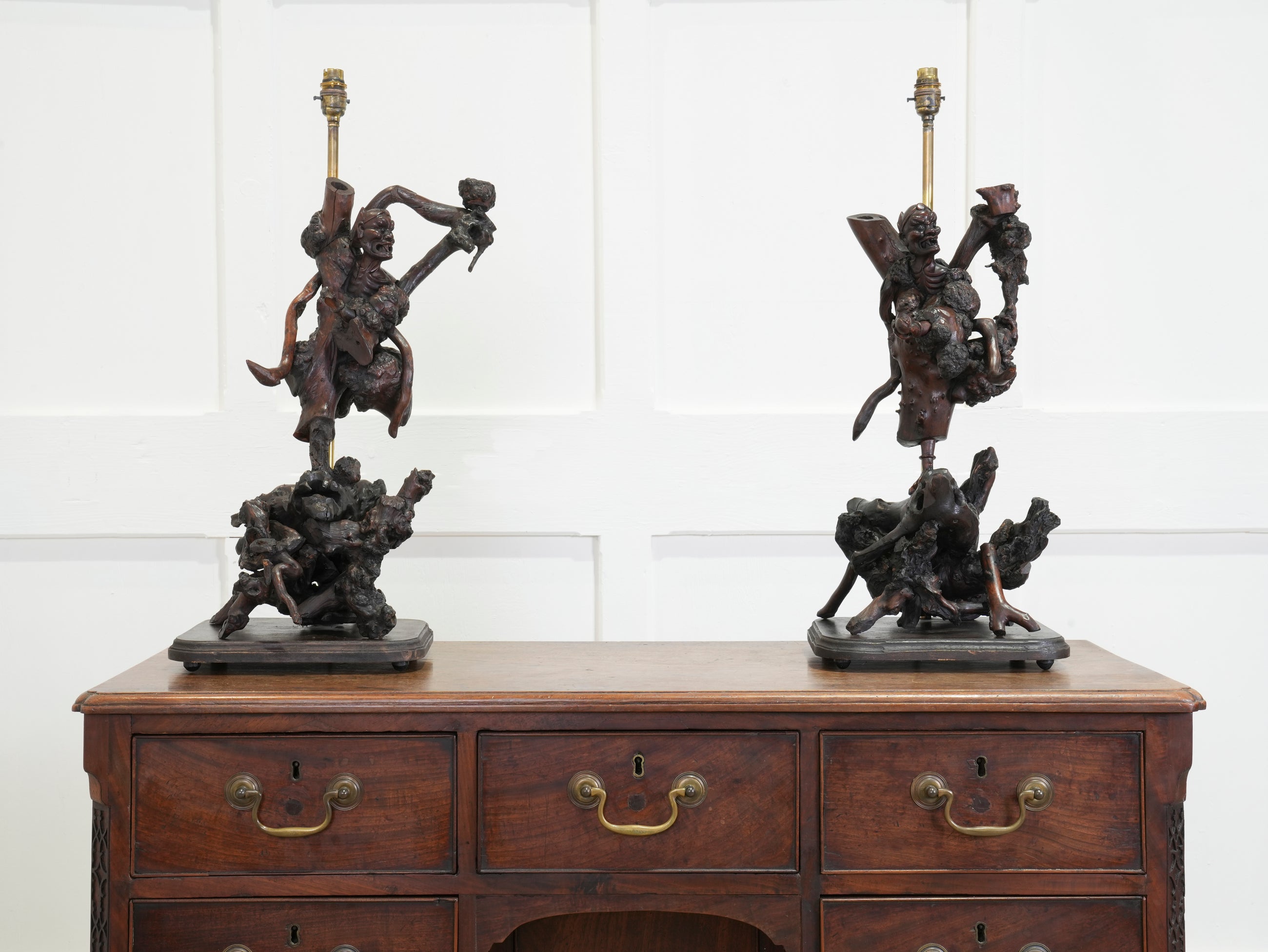 A Pair of Carved Chinese Vine Root Table Lamps