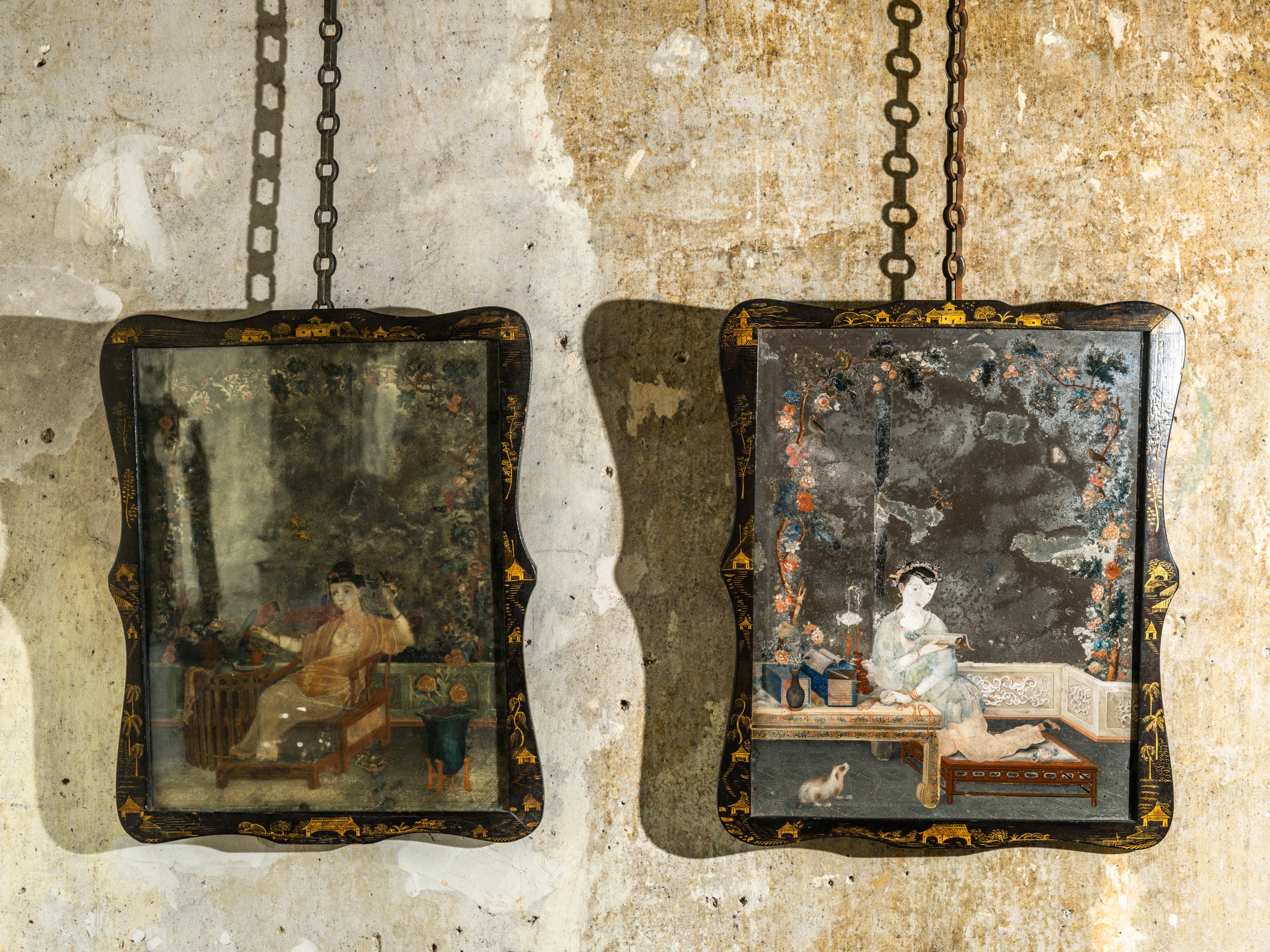 A Pair of 18th Century Chinese Reverse Glass Mirrors