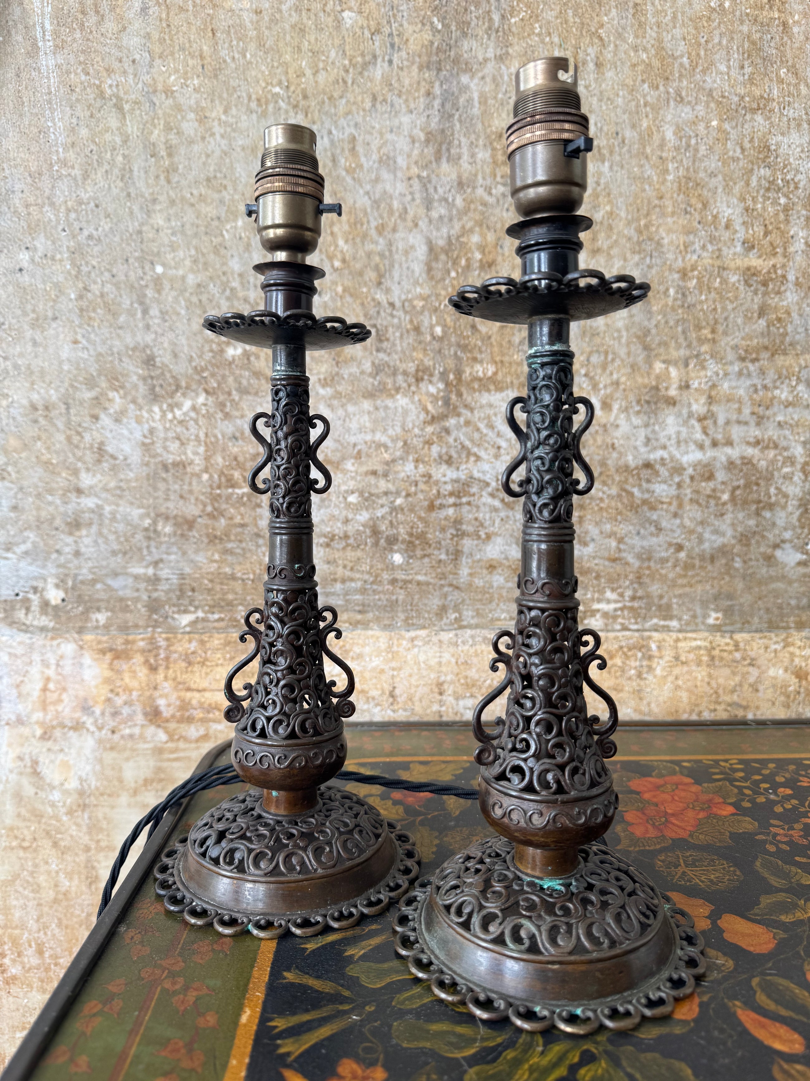 A Pair of Brass Fretwork TableLamps
