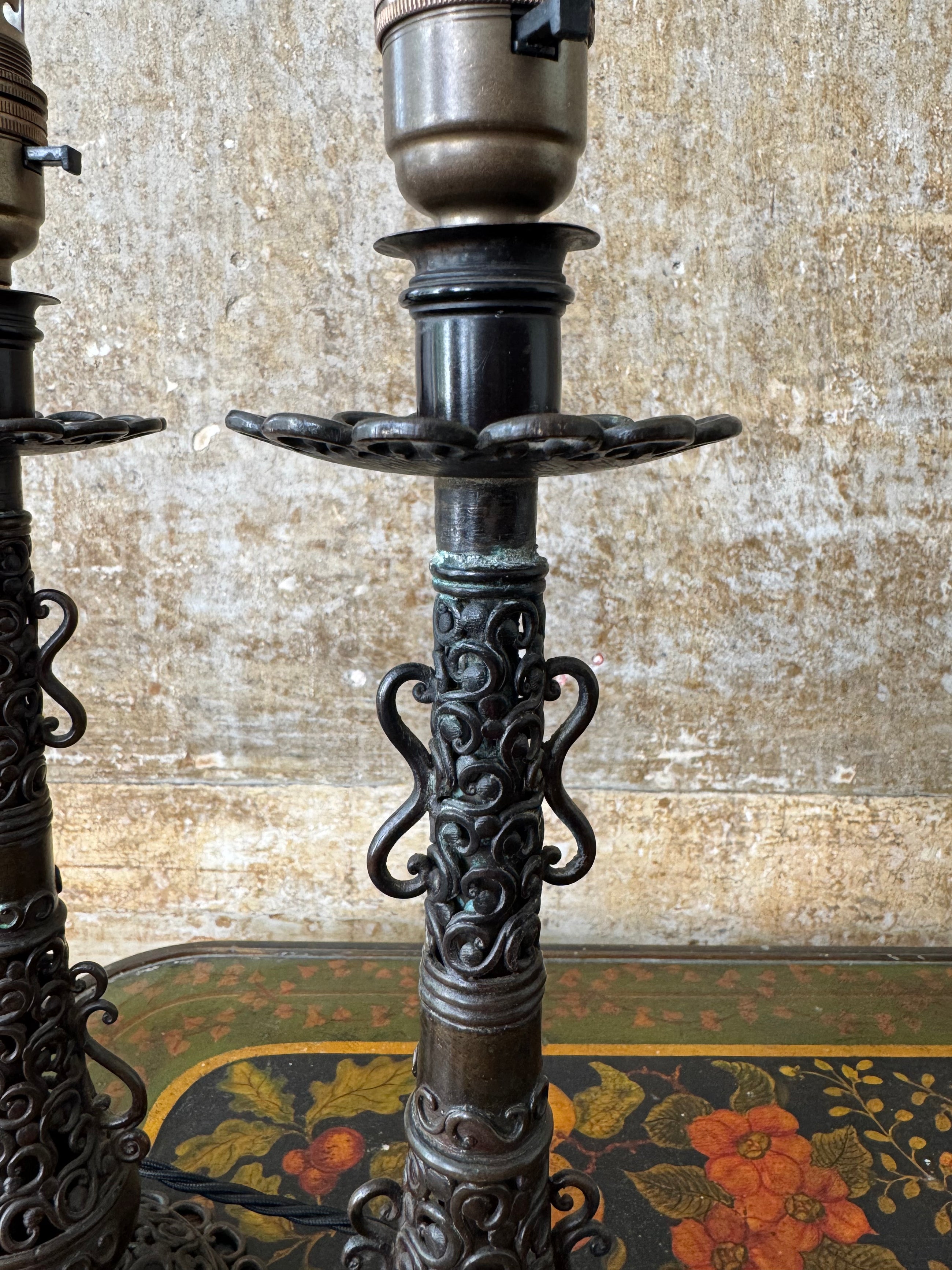 A Pair of Brass Fretwork TableLamps