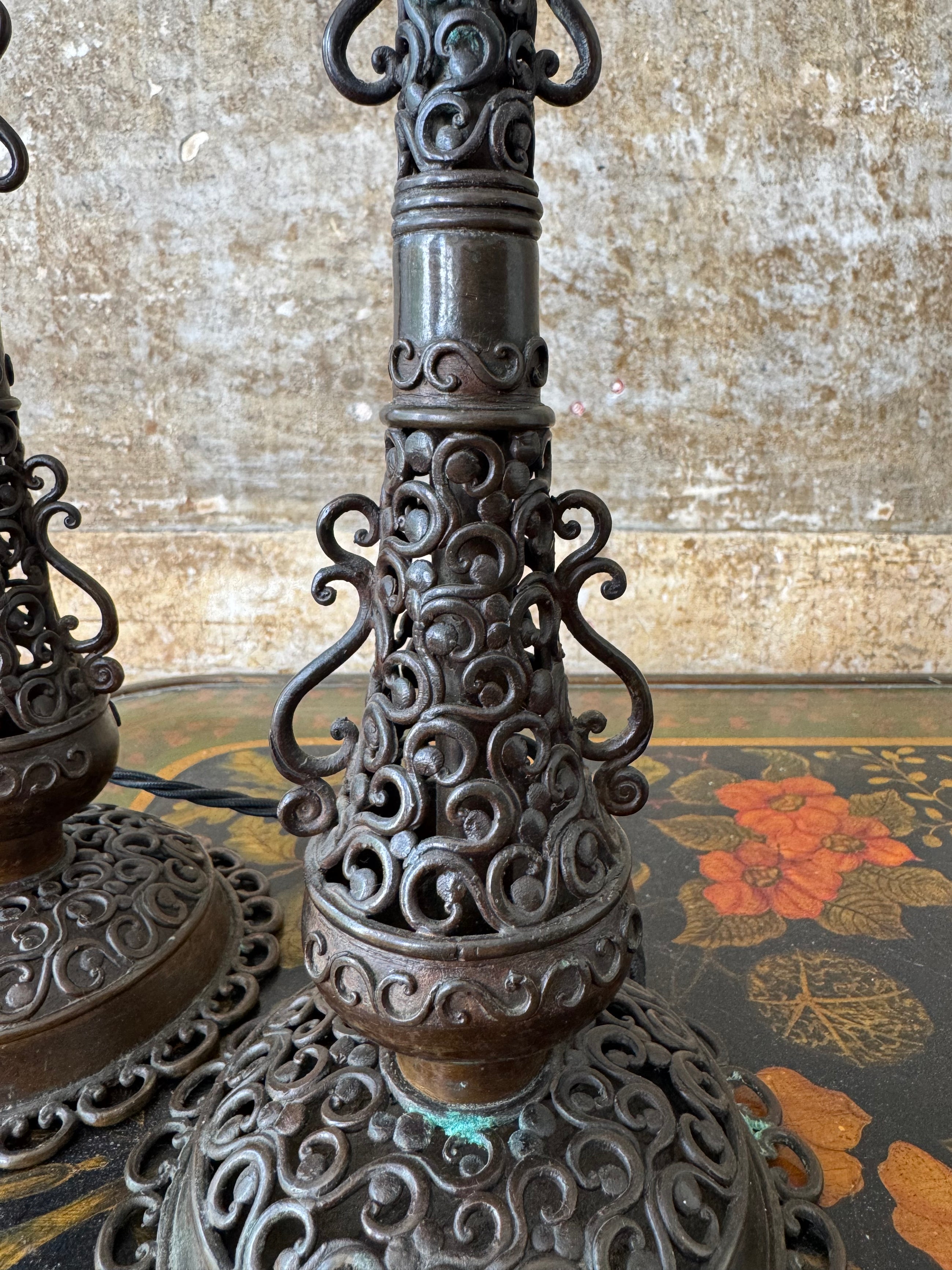 A Pair of Brass Fretwork TableLamps