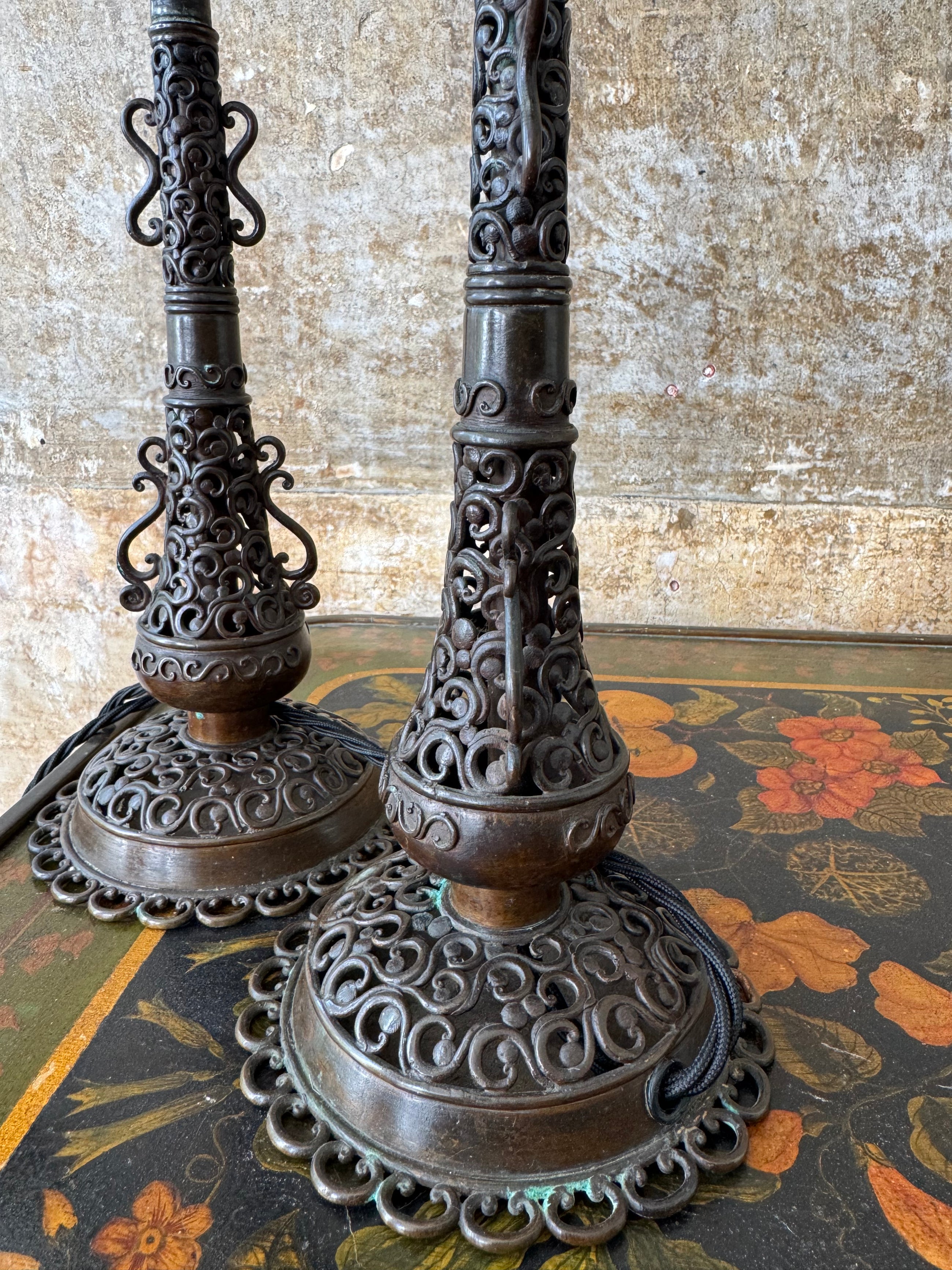 A Pair of Brass Fretwork TableLamps