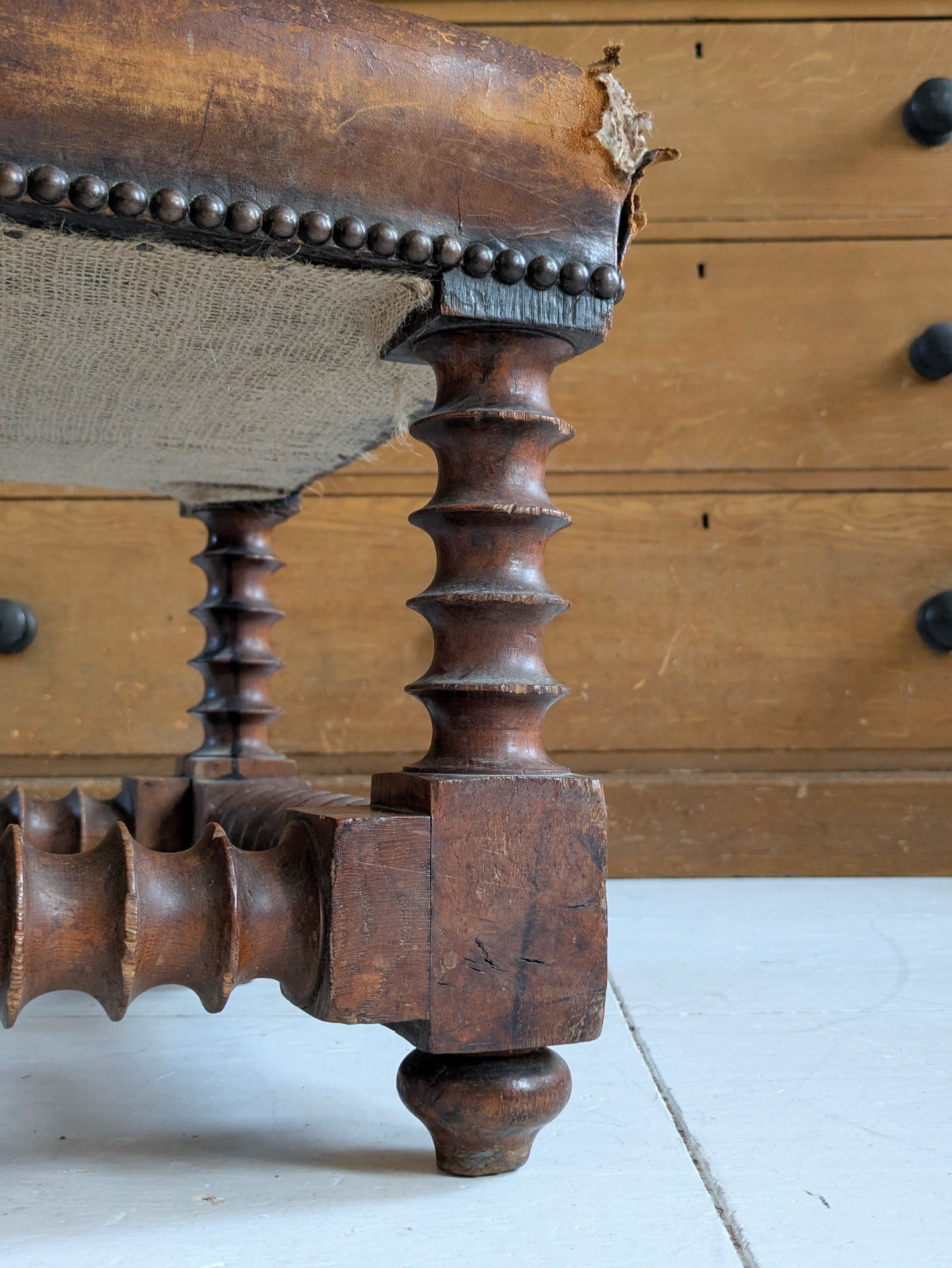 Bobbin Turned Leather Stool