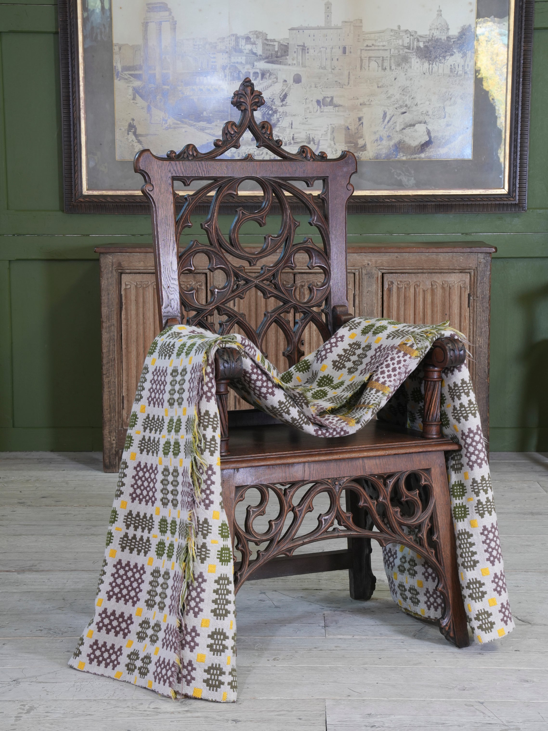 A Cream & Moss Green Welsh Tapestry Blanket