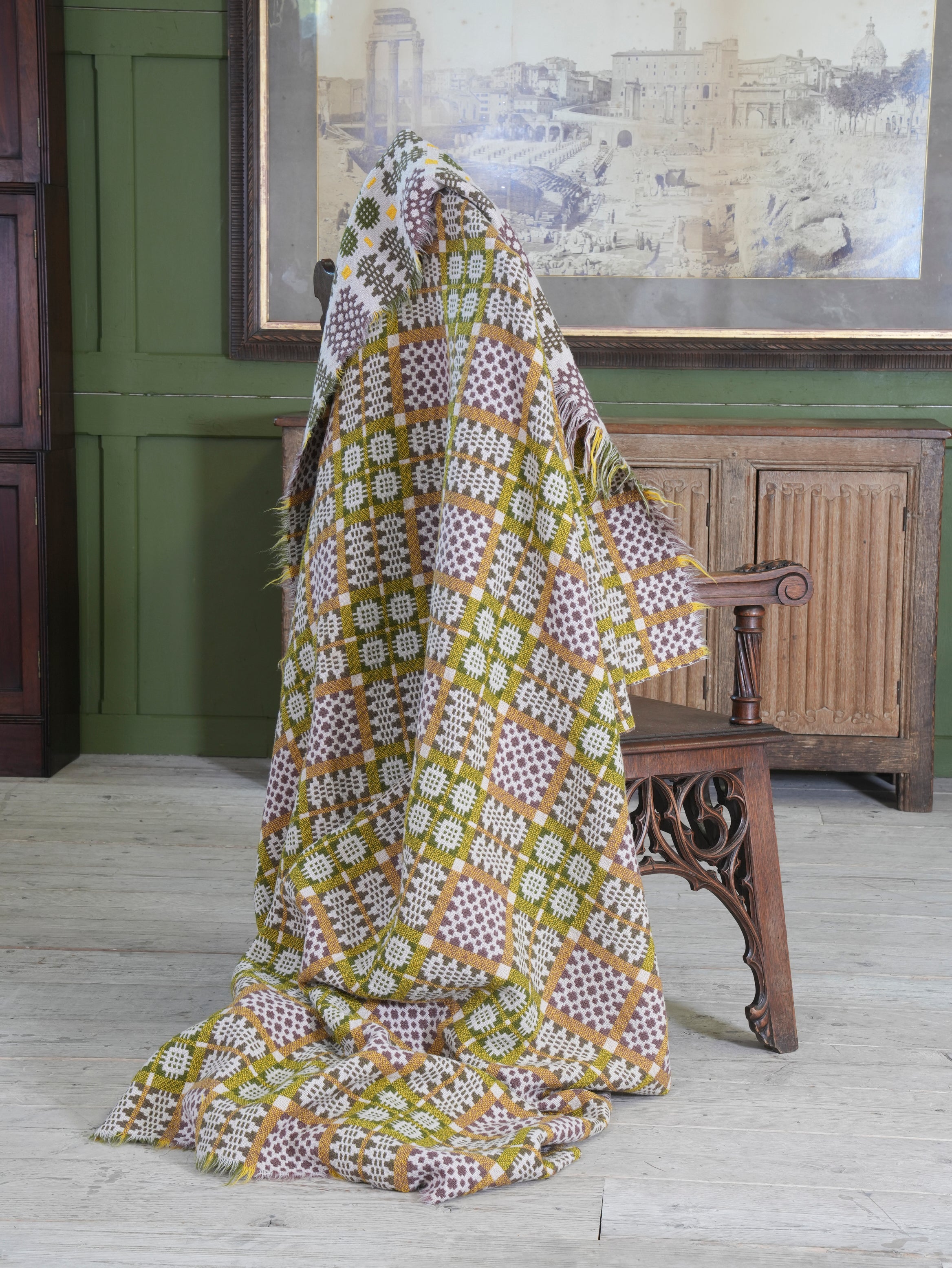 A Cream & Moss Green Welsh Tapestry Blanket