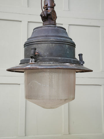A Large Copper & Enamel Holophane Lantern