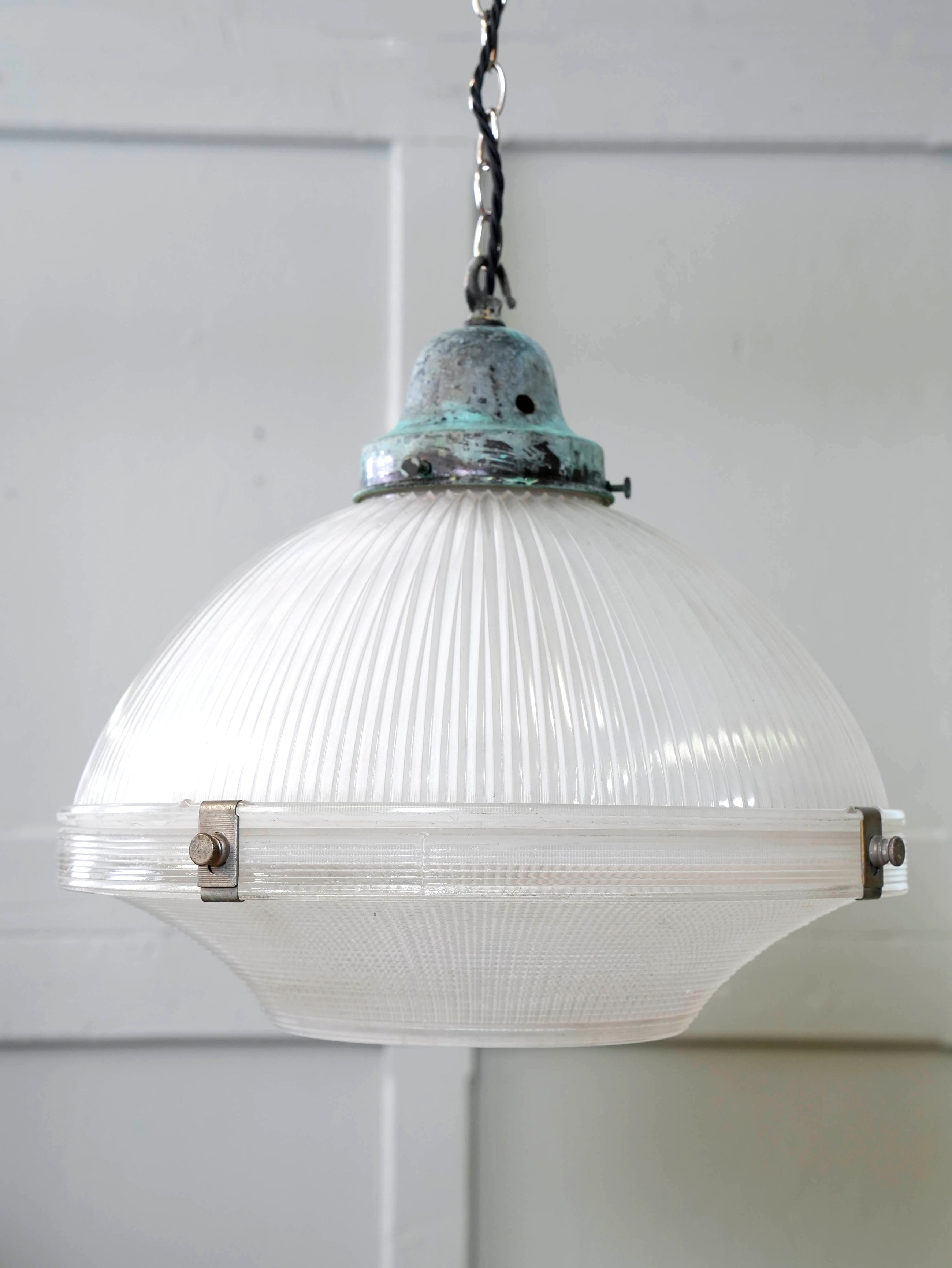 A Large Holophane Prismatic Glass Pendant Light