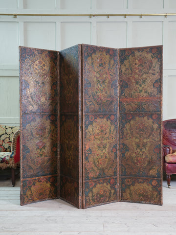 A 19th Century Embossed & Decorated Leather Room Screen