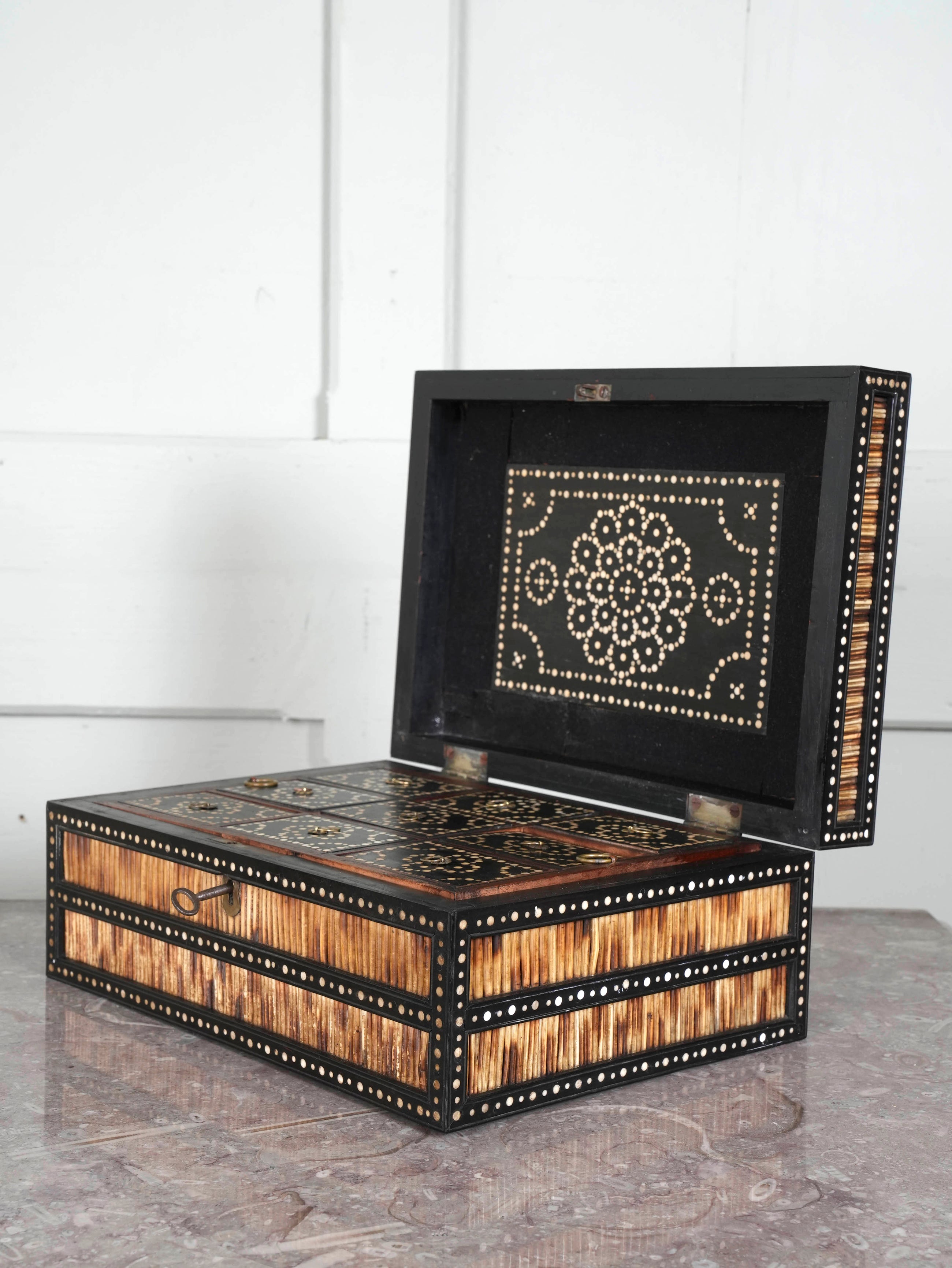 An Anglo Indian Porcupine Quill & Ebony Dressing Table Box