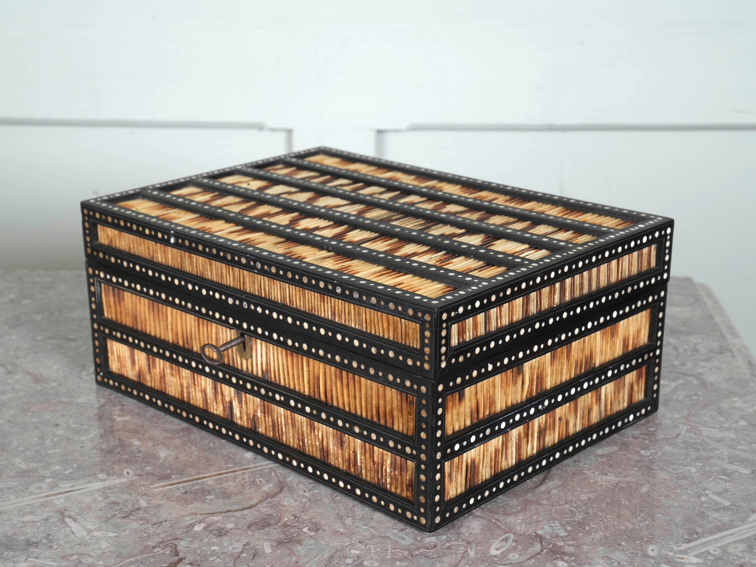 An Anglo Indian Porcupine Quill & Ebony Dressing Table Box