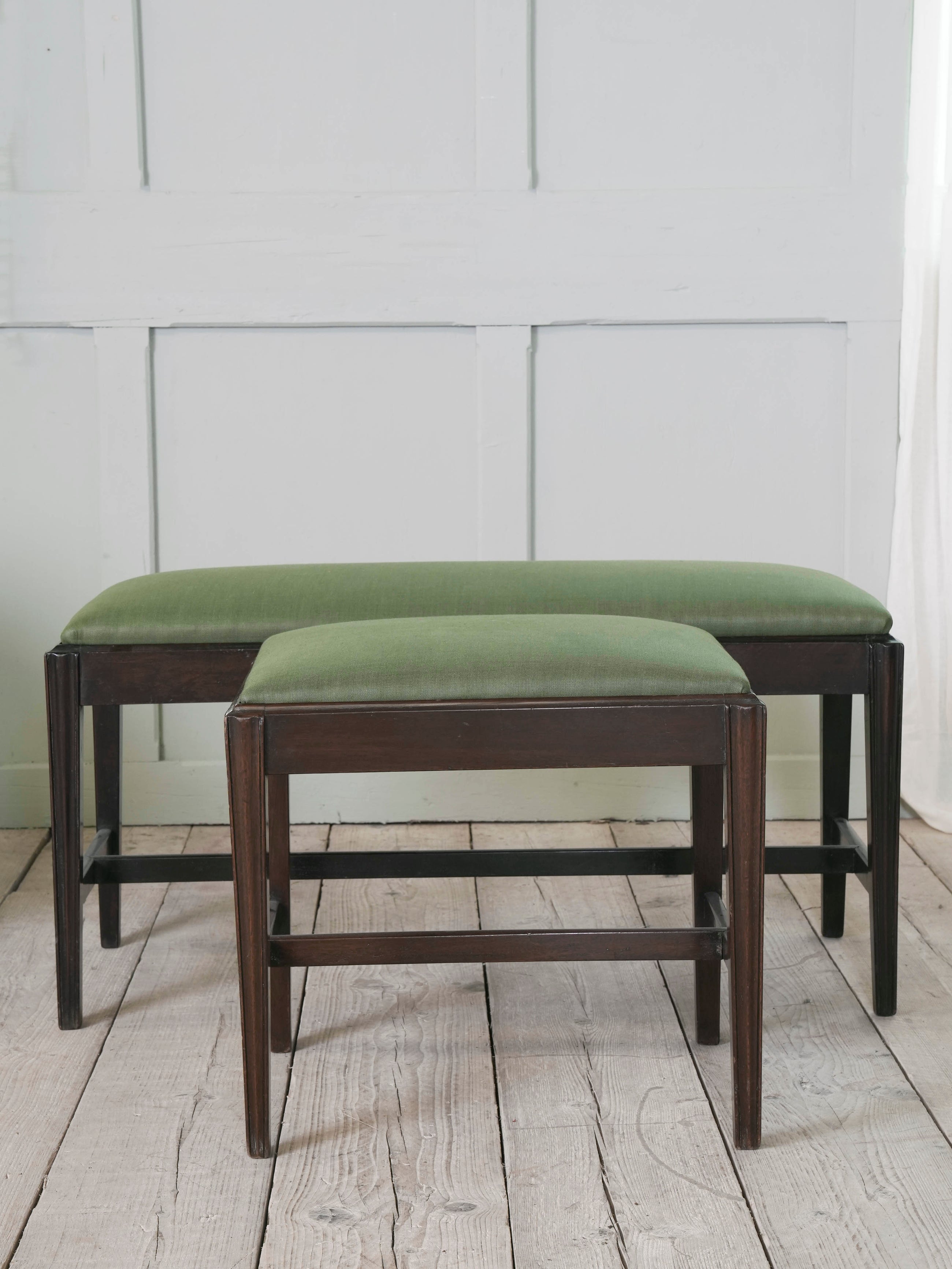 Two George III Upholstered Mahogany Stools