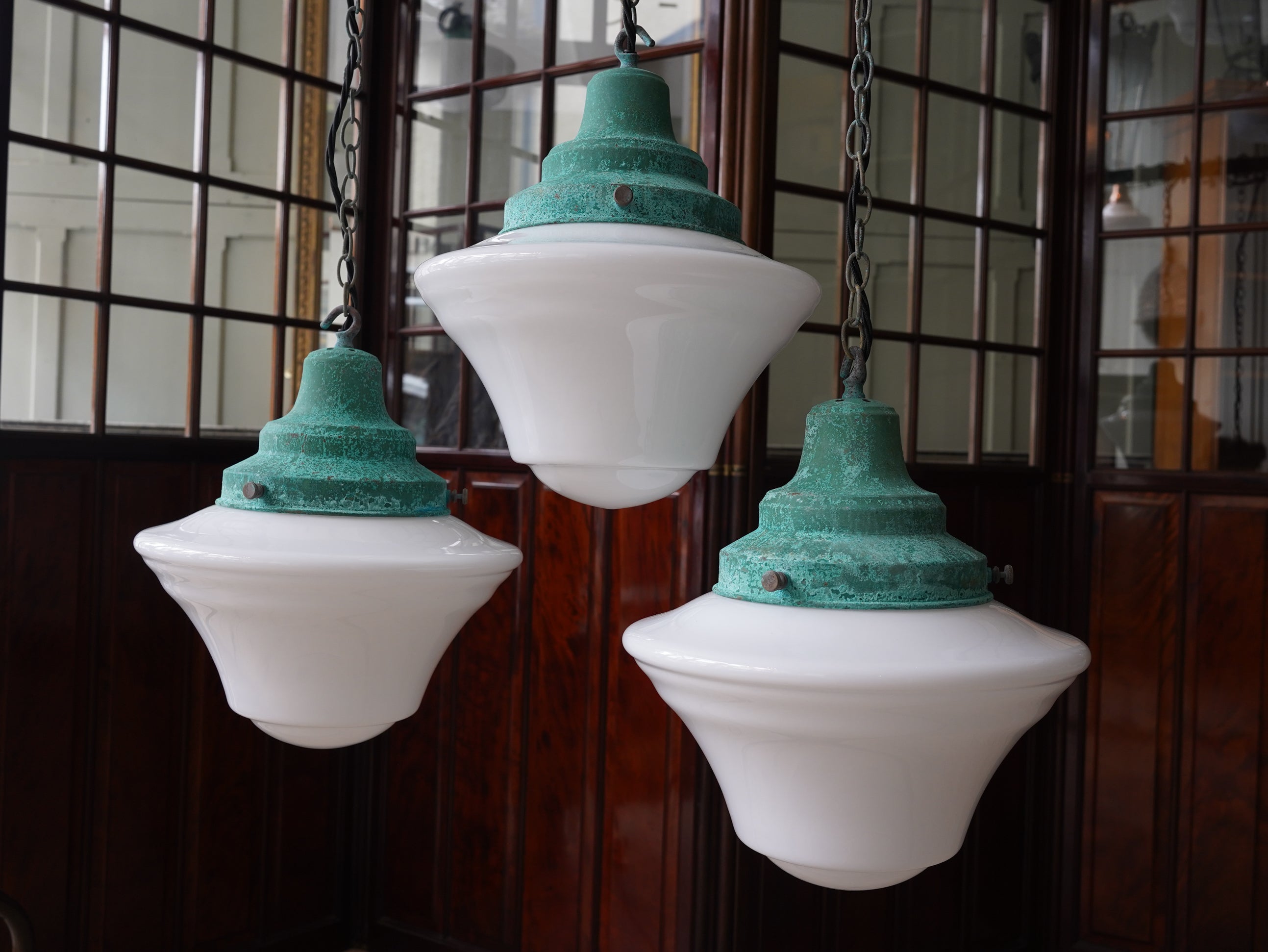 The Draughtsman Opaline Glass Pendant Light in Verdigris