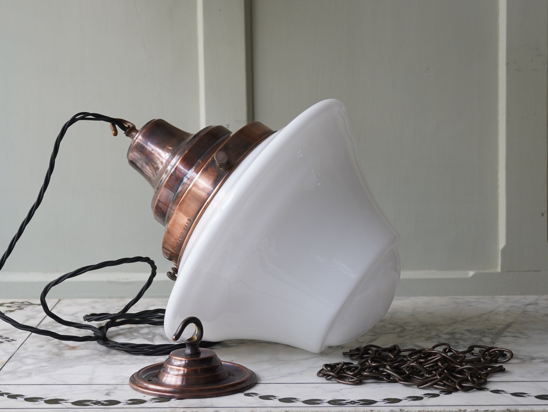 The Draughtsman Opaline Glass Pendant in Patinated Copper