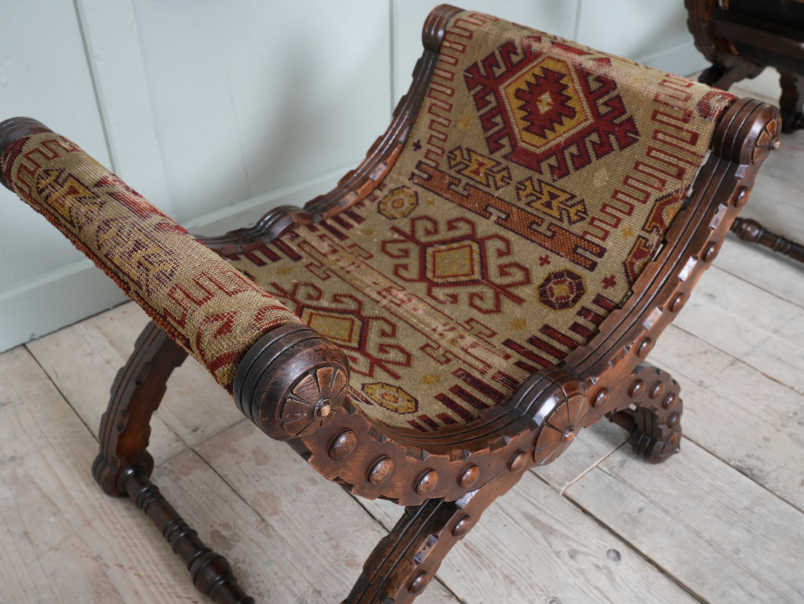 A Pair of Reformed Gothic X Frame Mahogany Stools