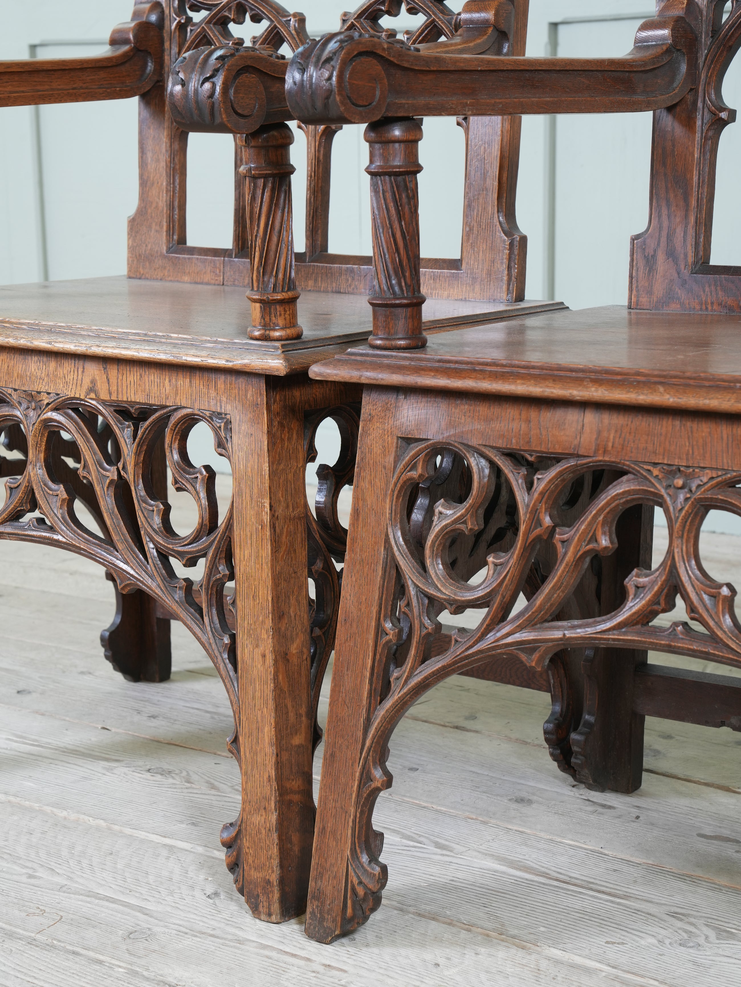 A Pair of 19th Century Oak Gothic Revival Armchairs