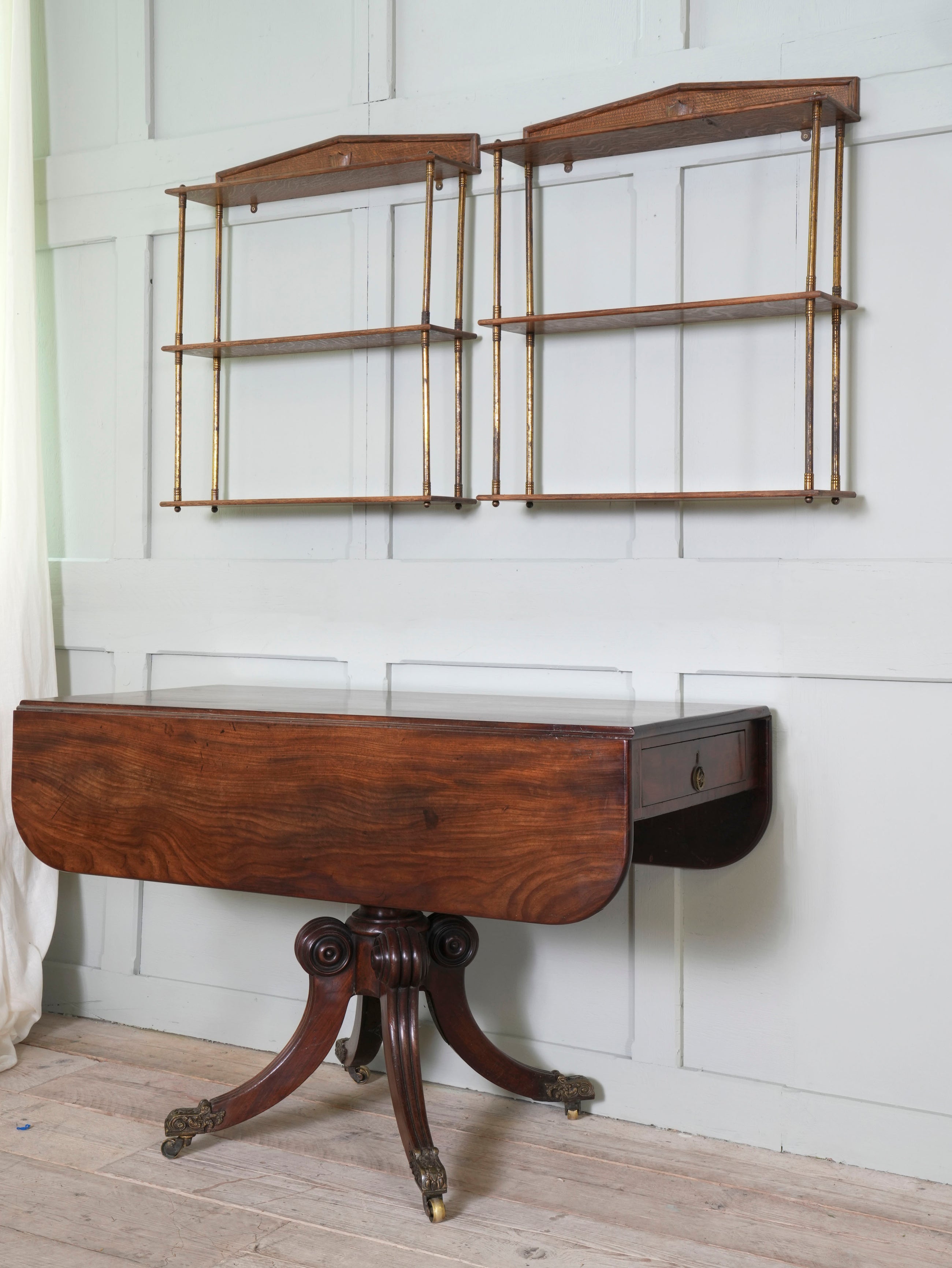 A Pair of Gilt Brass & Oak Hanging Shelves