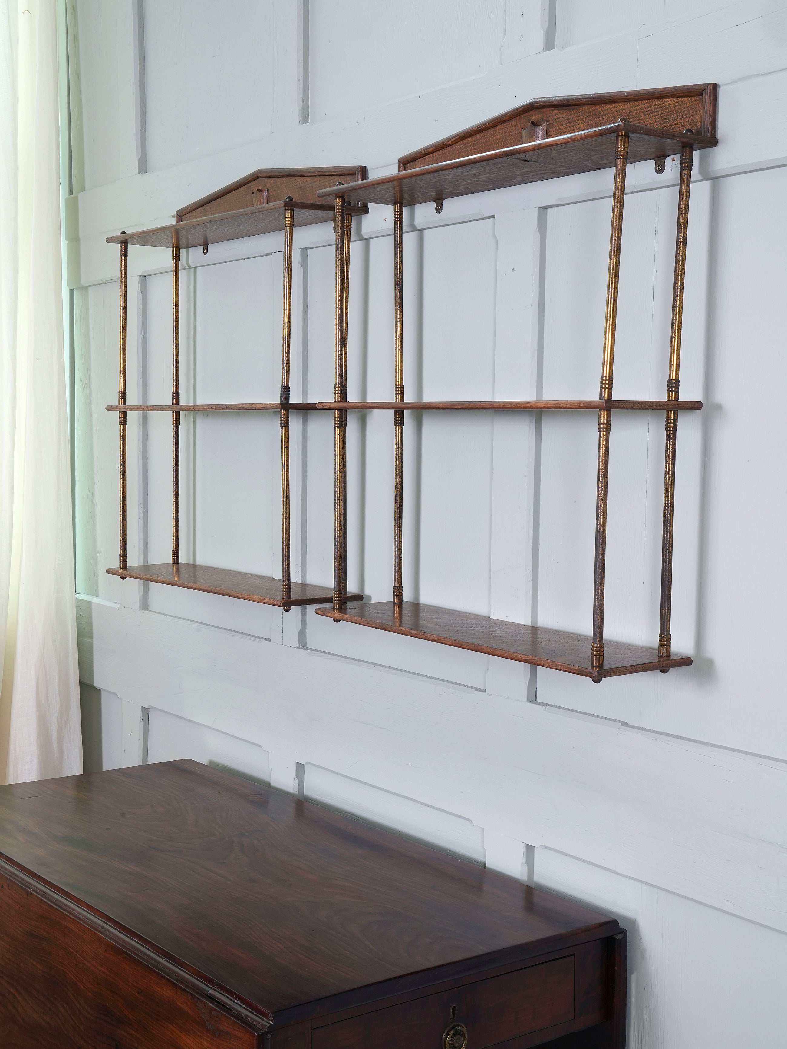 A Pair of Gilt Brass & Oak Hanging Shelves