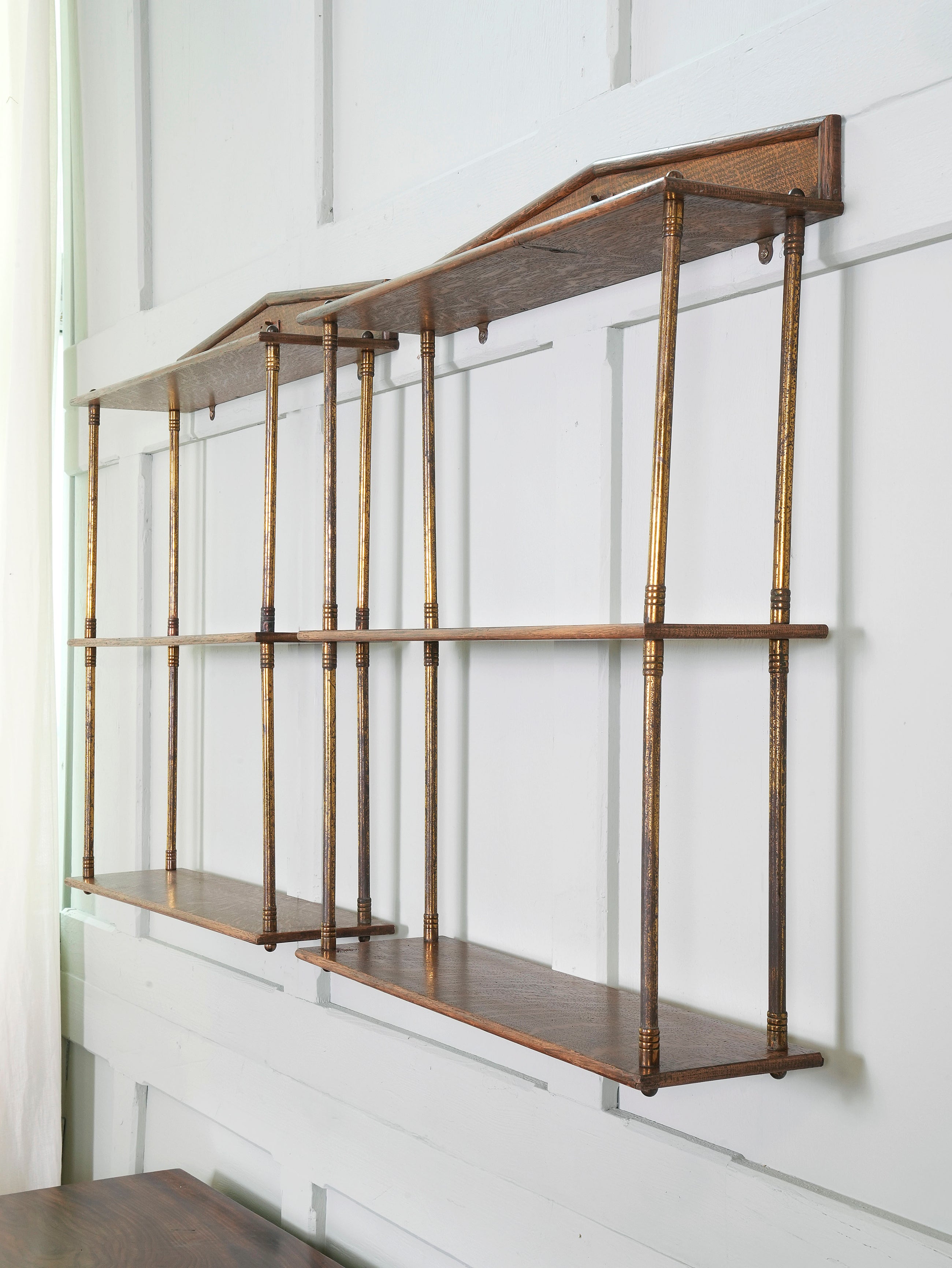 A Pair of Gilt Brass & Oak Hanging Shelves